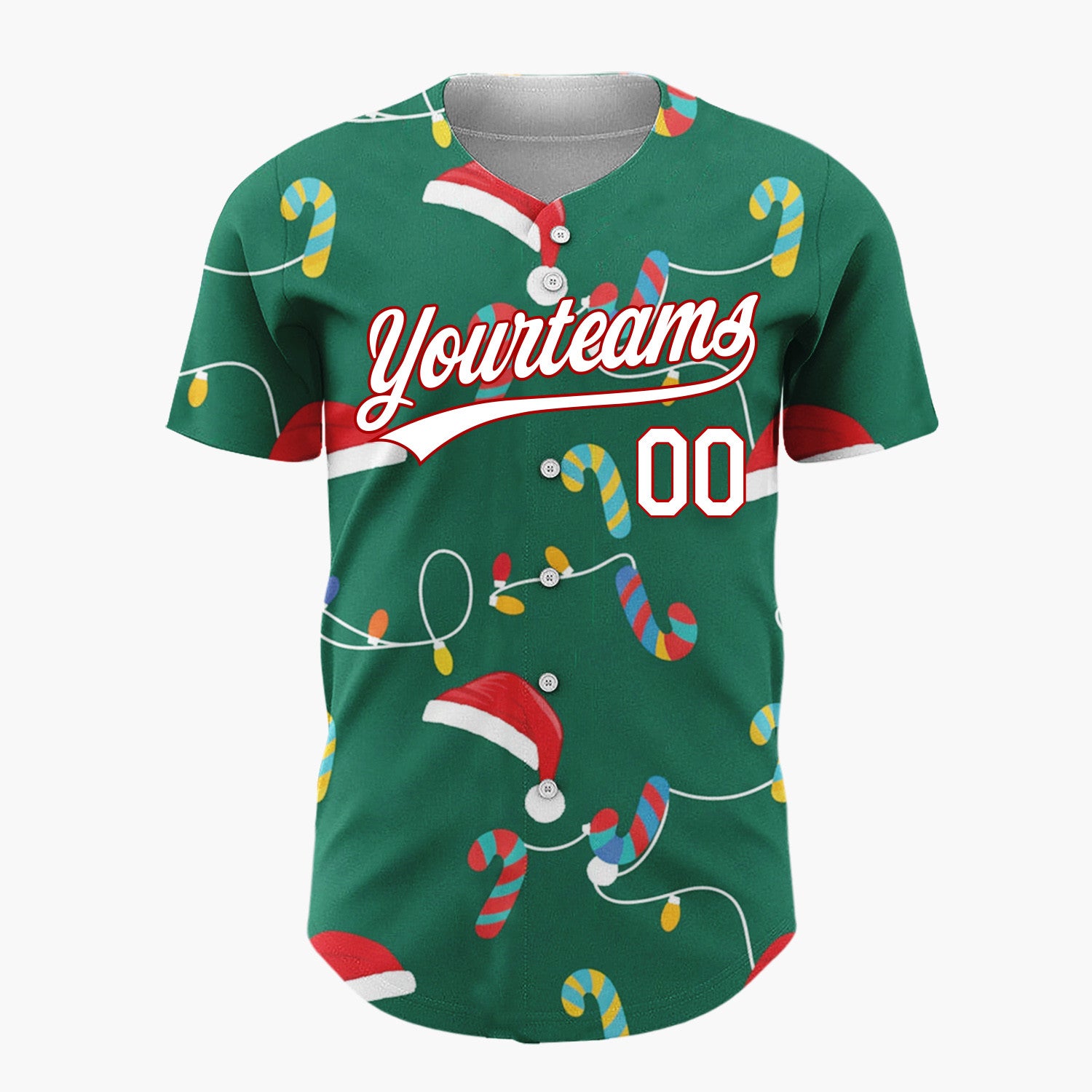 Custom Green Red Yellow Candy Canes Santa Hats And Lights Merry Christmas Baseball Jersey