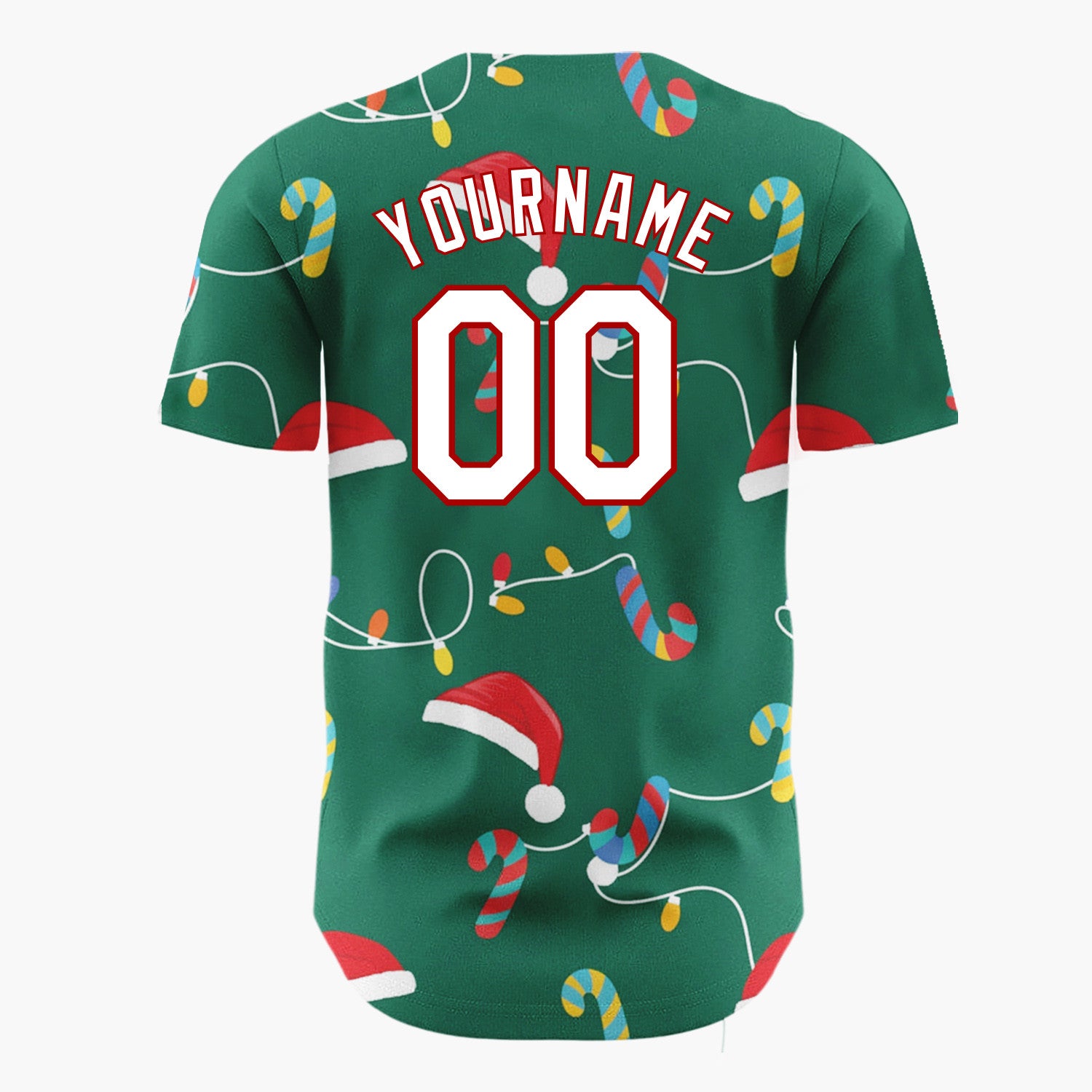 Custom Green Red Yellow Candy Canes Santa Hats And Lights Merry Christmas Baseball Jersey