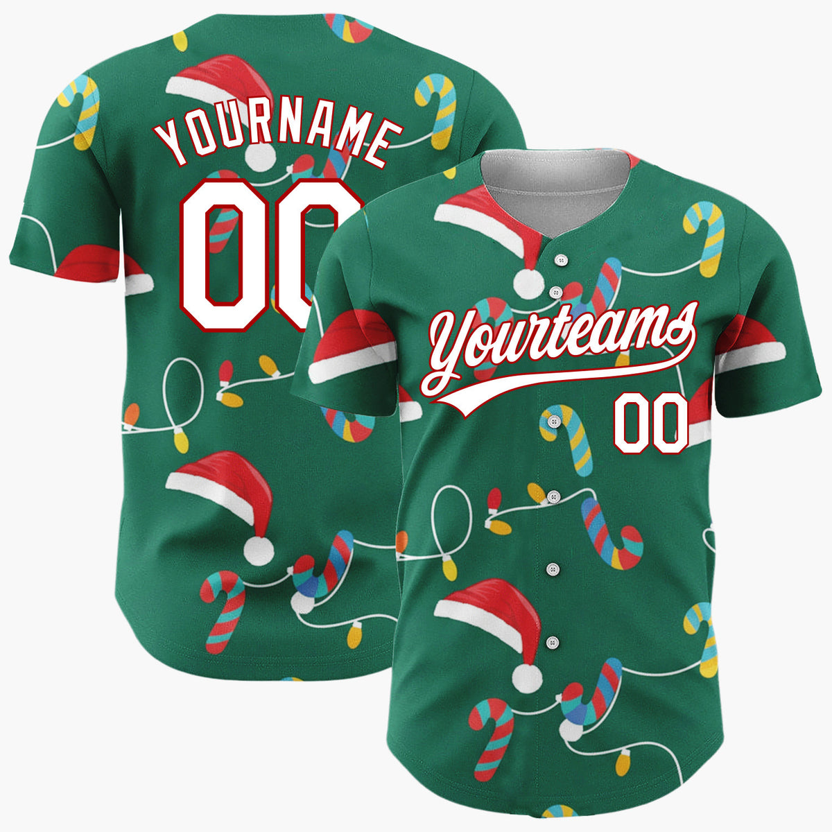 Custom Green Red Yellow Candy Canes Santa Hats And Lights Merry Christmas Baseball Jersey