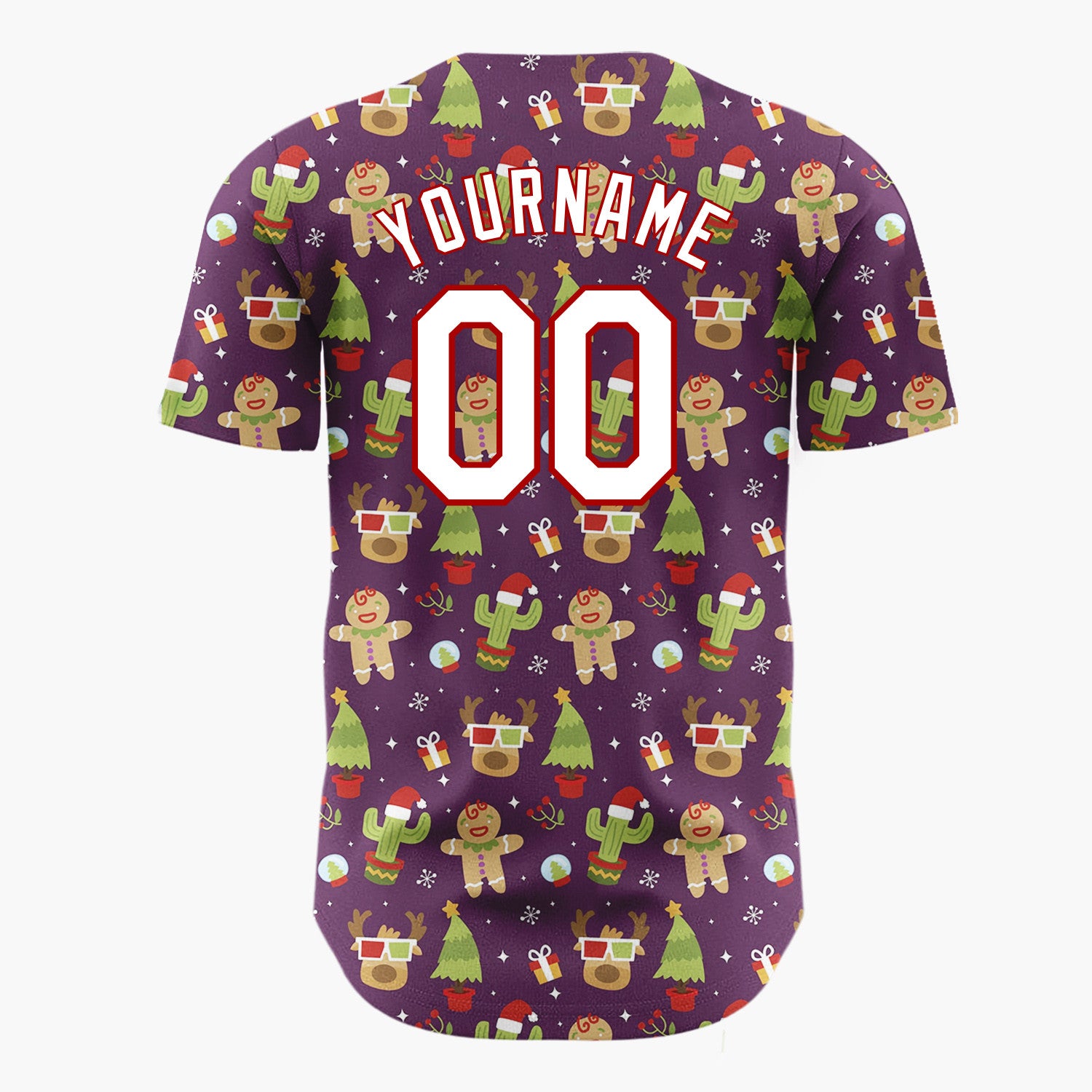 Custom Dark Purple Green Red Quirky Gingerbread And Cactus Christmas Baseball Jersey