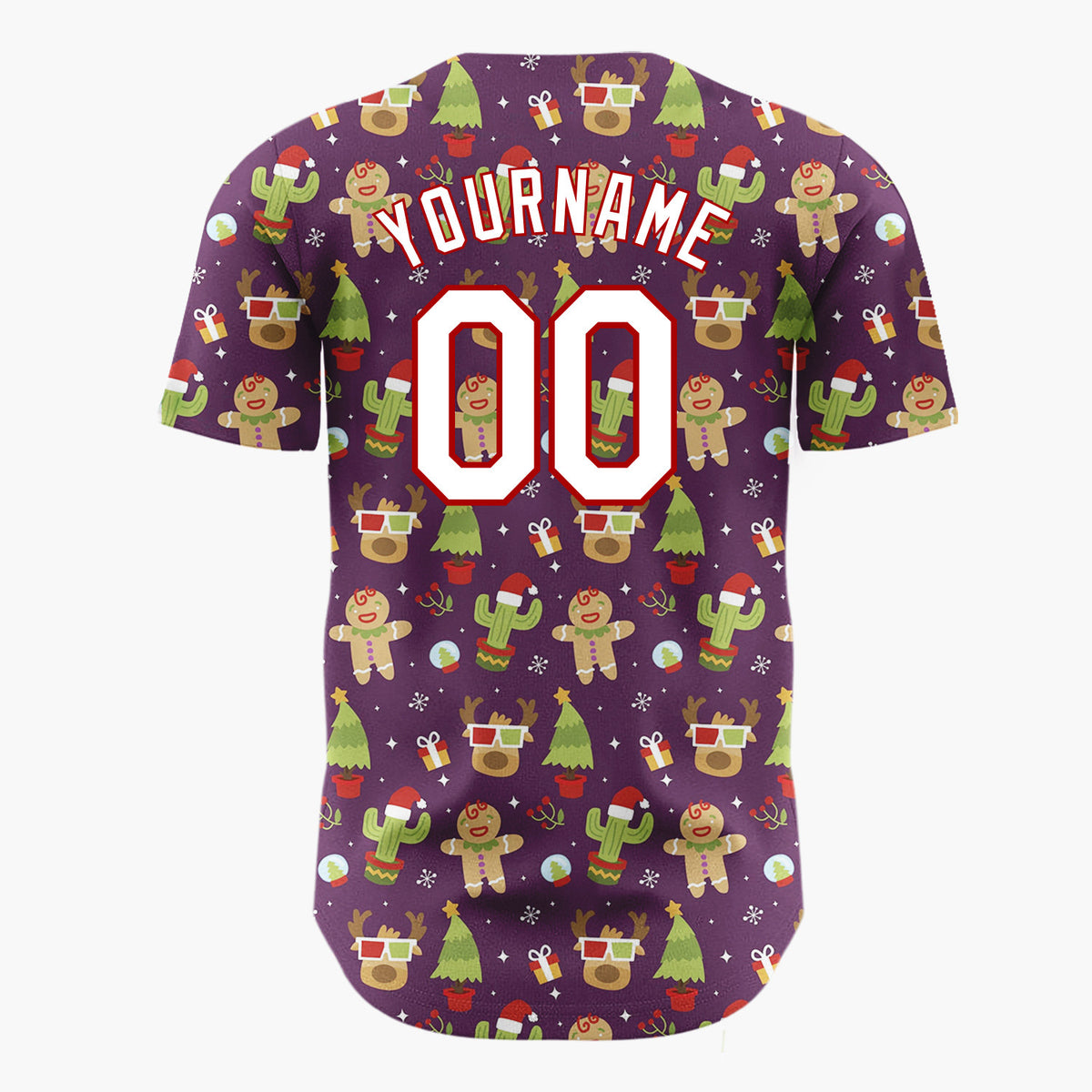 Custom Dark Purple Green Red Quirky Gingerbread And Cactus Christmas Baseball Jersey