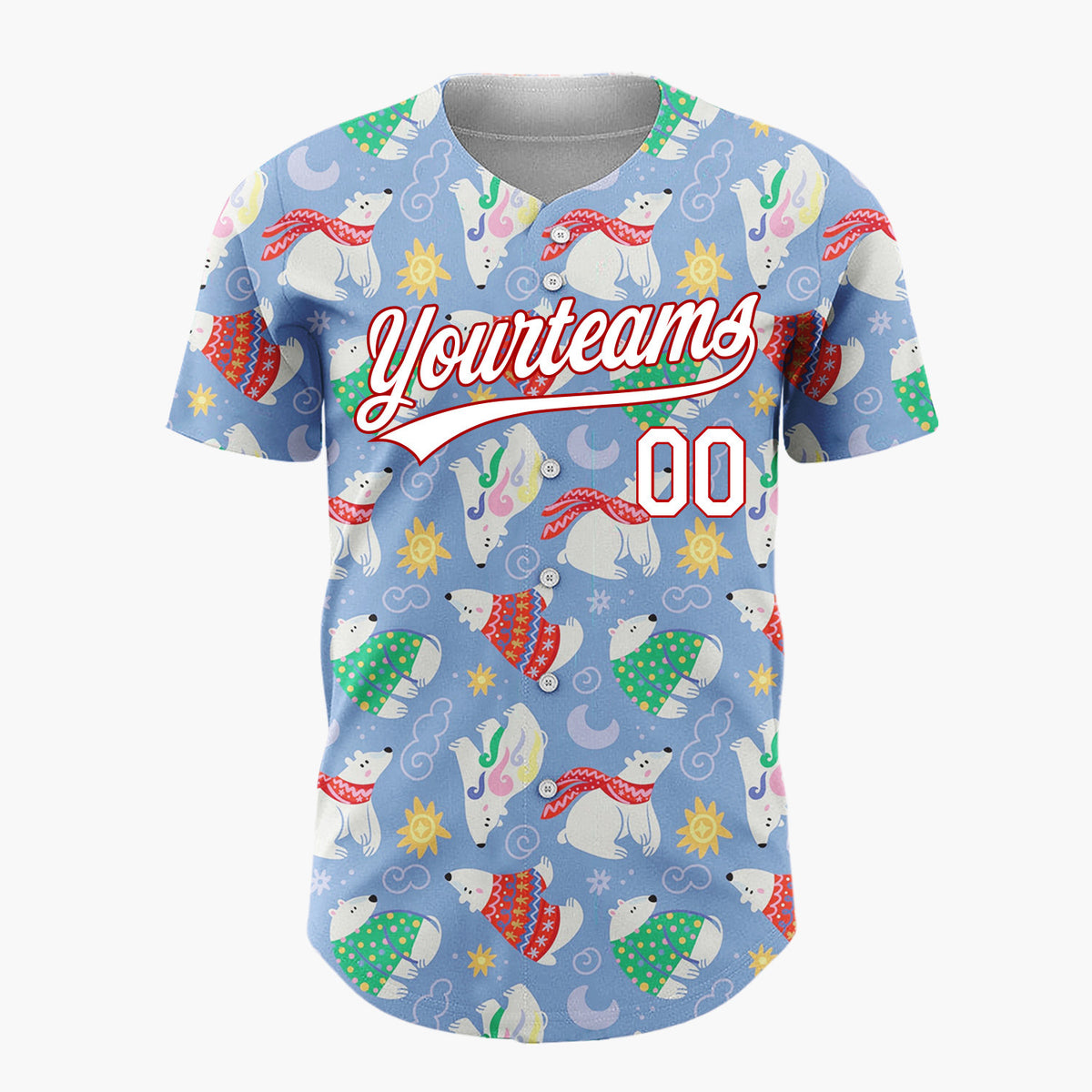 Custom Light Blue Polar Bears Wearing Sweaters Cartoon Pattern Christmas Baseball Jersey