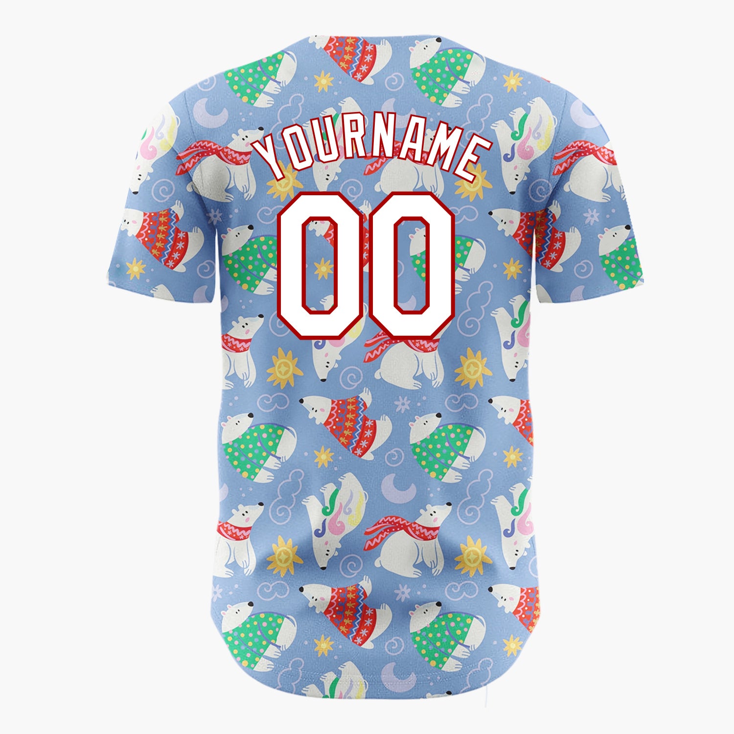 Custom Light Blue Polar Bears Wearing Sweaters Cartoon Pattern Christmas Baseball Jersey