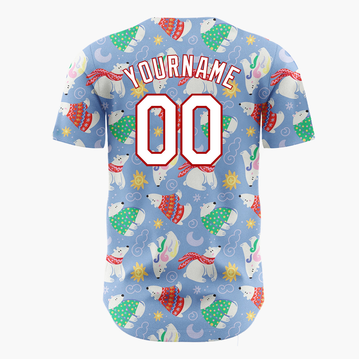 Custom Light Blue Polar Bears Wearing Sweaters Cartoon Pattern Christmas Baseball Jersey