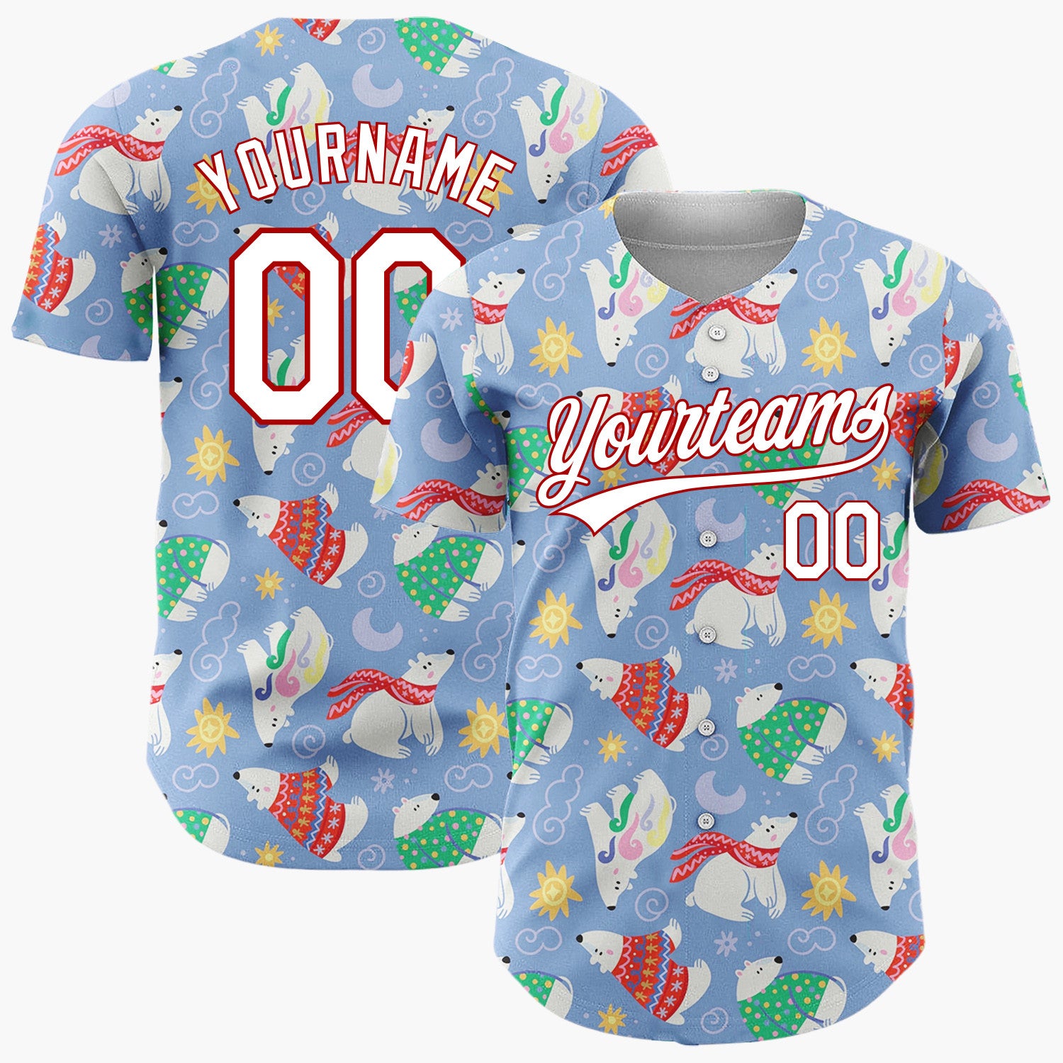 Custom Light Blue Polar Bears Wearing Sweaters Cartoon Pattern Christmas Baseball Jersey