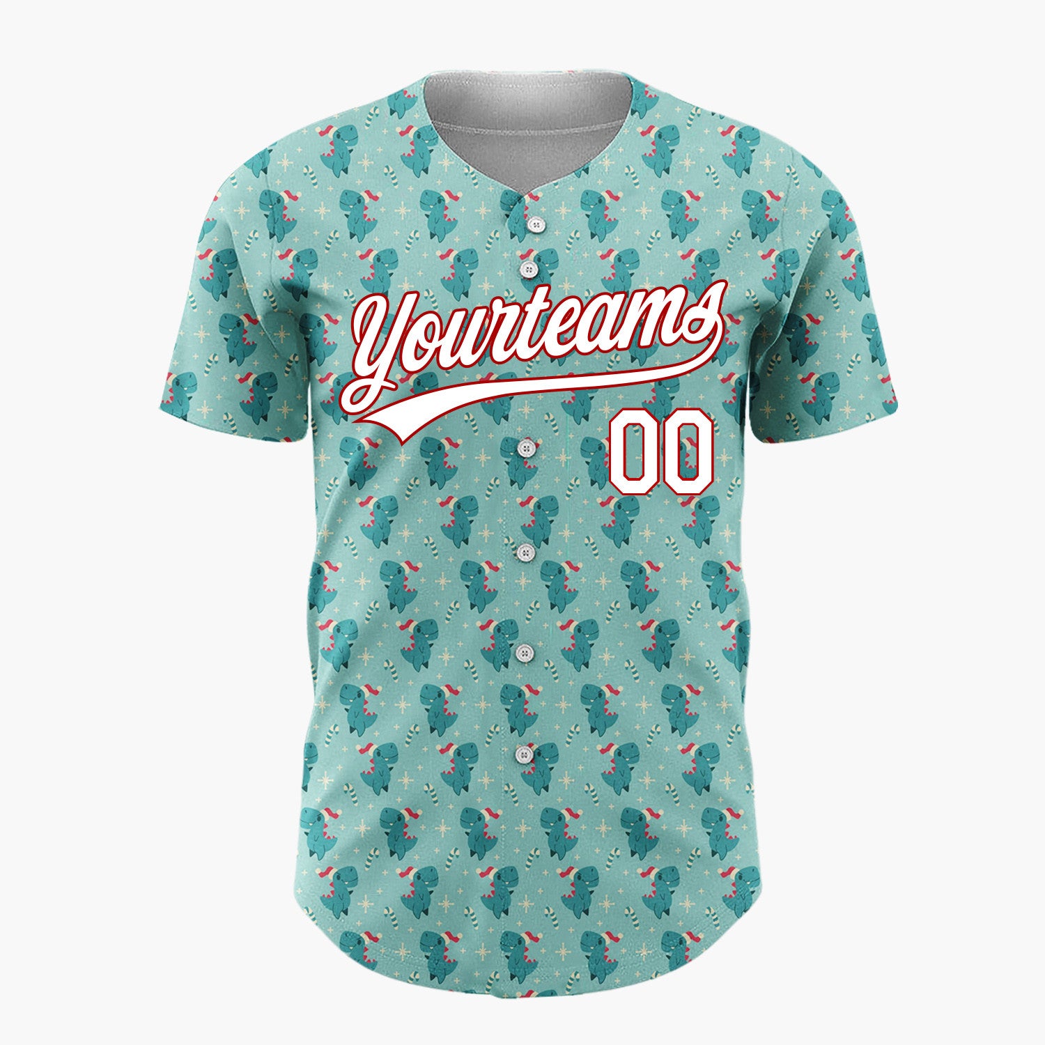 Custom Light Blue Green Lovely Dinosaur Candy Canes Cute Christmas Baseball Jersey
