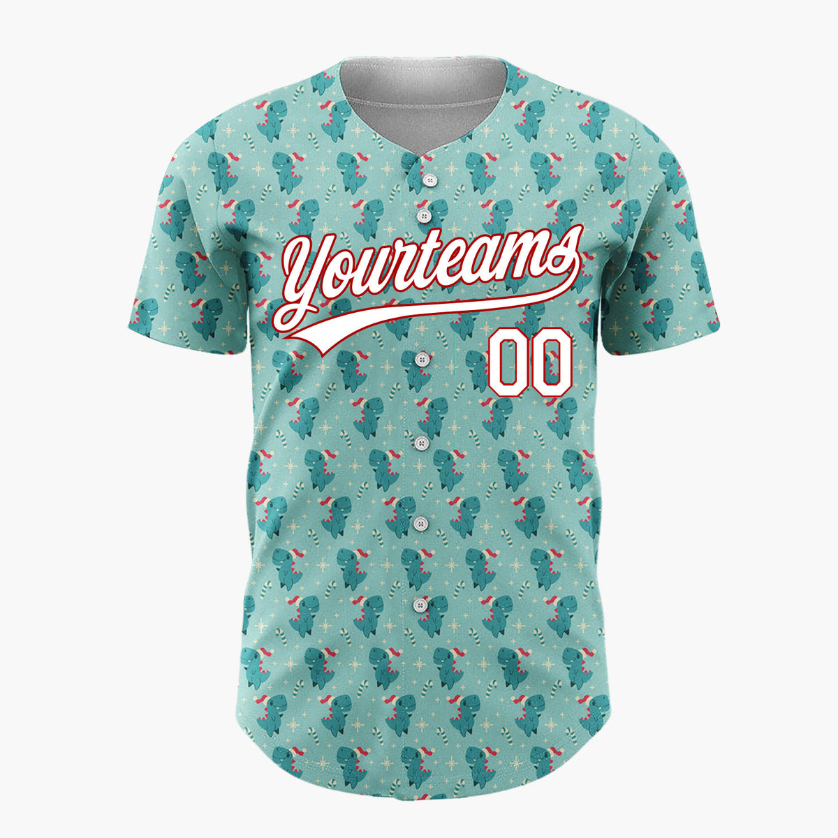 Custom Light Blue Green Lovely Dinosaur Candy Canes Cute Christmas Baseball Jersey