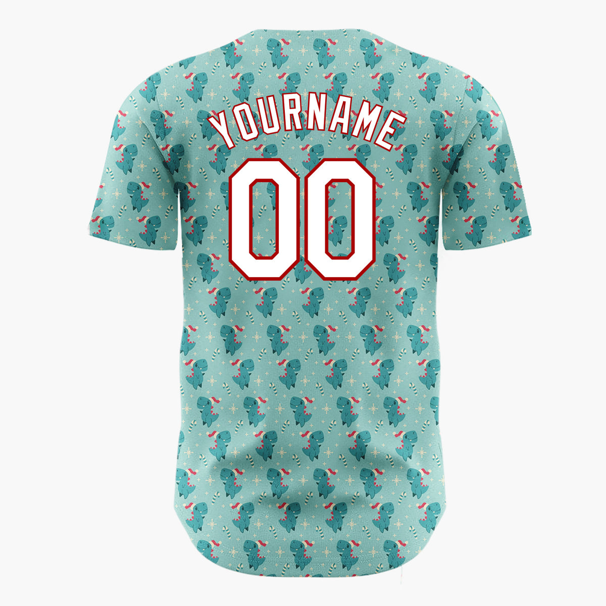 Custom Light Blue Green Lovely Dinosaur Candy Canes Cute Christmas Baseball Jersey