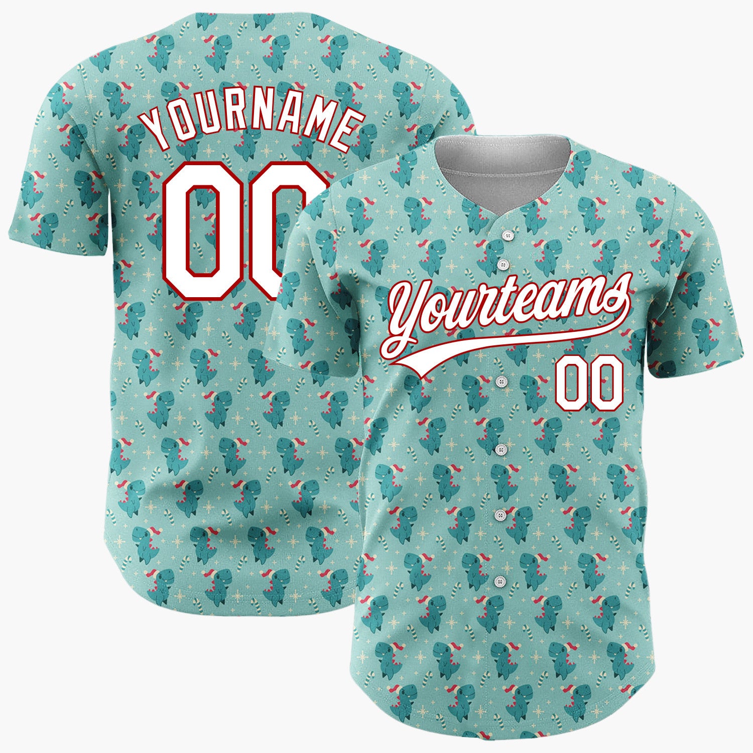 Custom Light Blue Green Lovely Dinosaur Candy Canes Cute Christmas Baseball Jersey