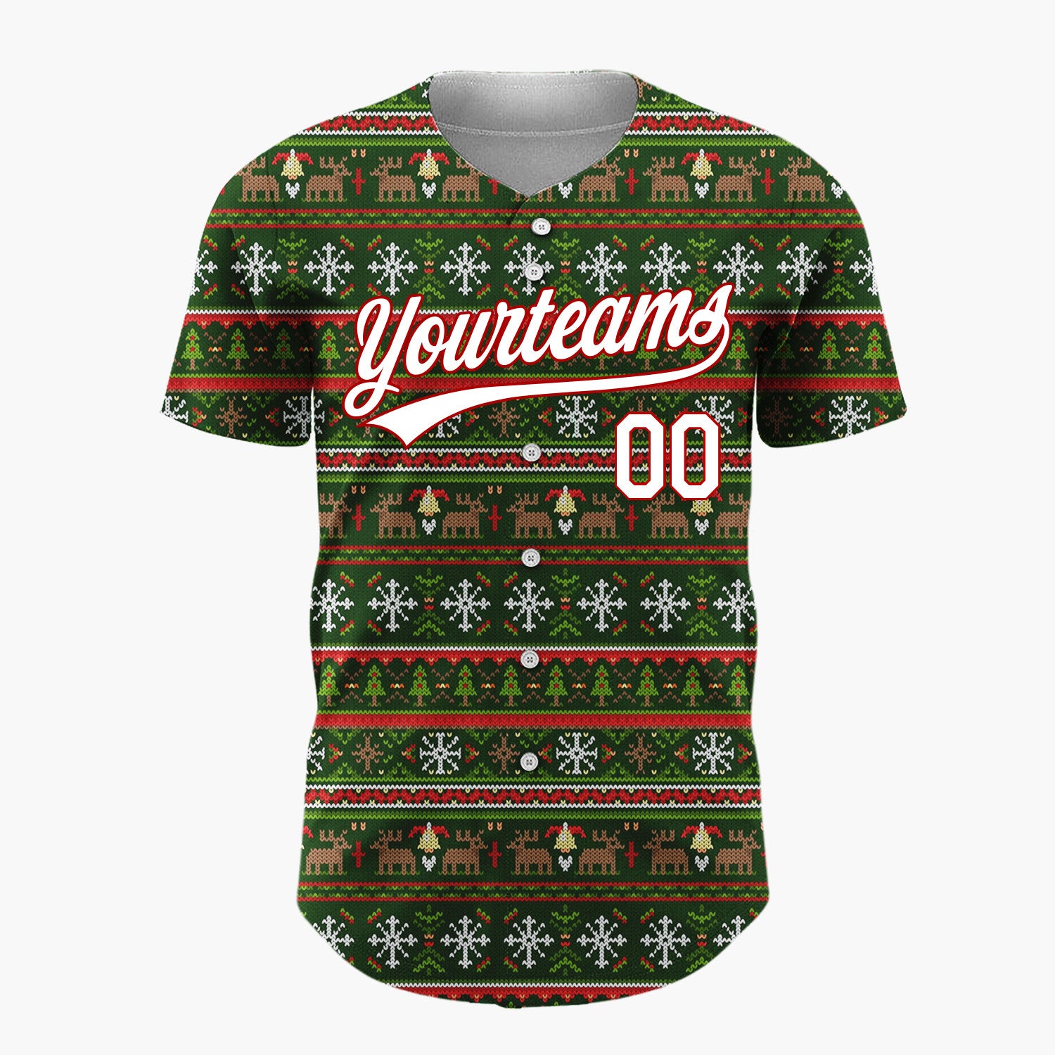 Custom Dark Green Reindeer Snowflakes And Trees Nordic Knit Christmas Baseball Jersey