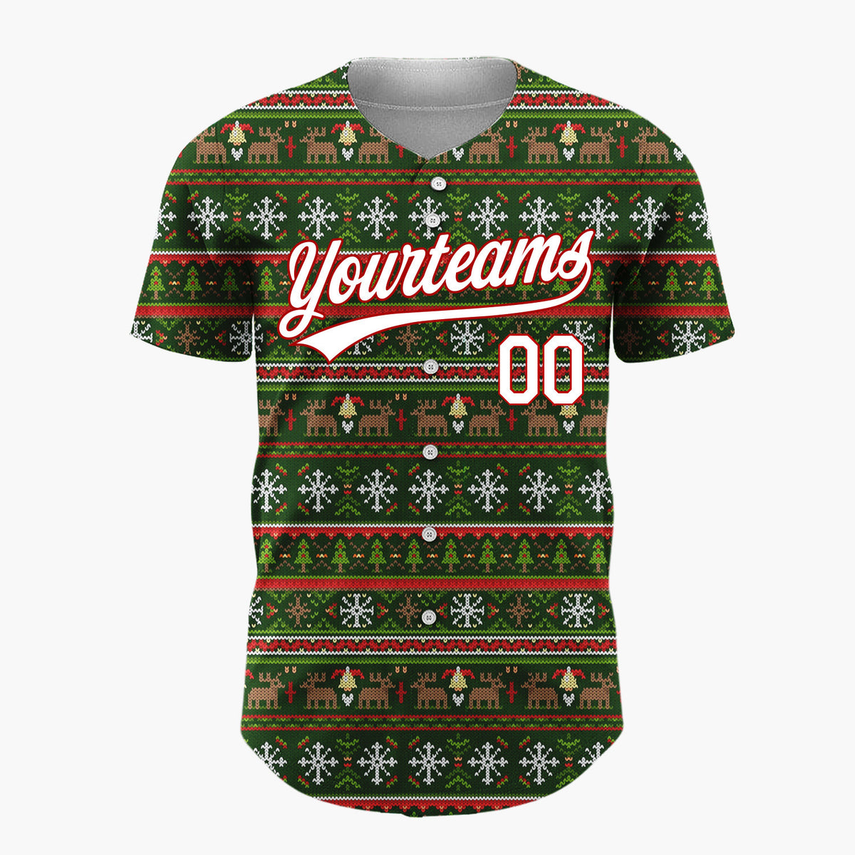 Custom Dark Green Reindeer Snowflakes And Trees Nordic Knit Christmas Baseball Jersey