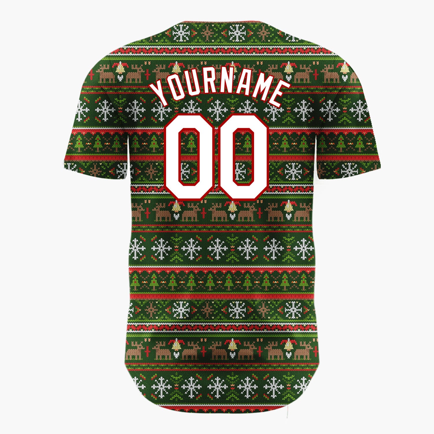 Custom Dark Green Reindeer Snowflakes And Trees Nordic Knit Christmas Baseball Jersey