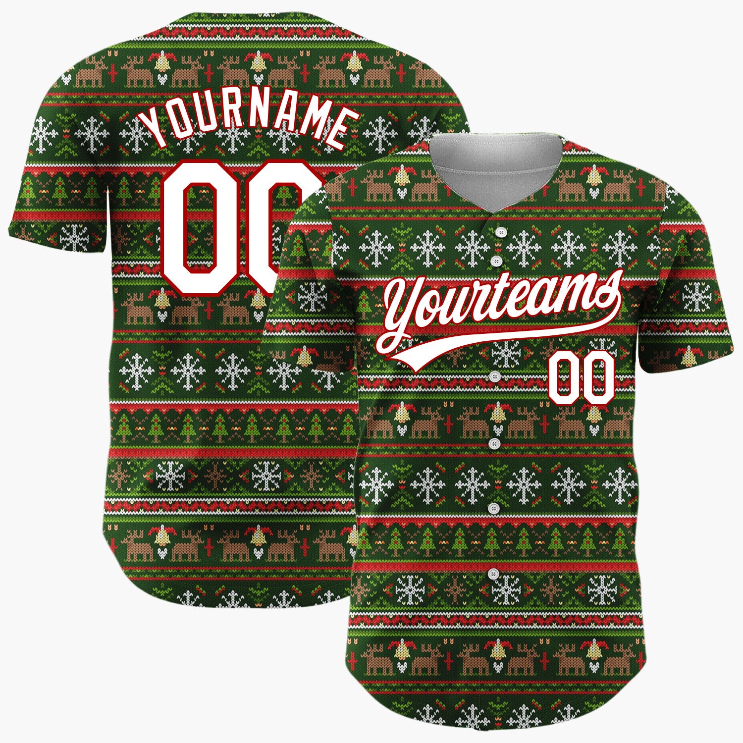 Custom Dark Green Reindeer Snowflakes And Trees Nordic Knit Christmas Baseball Jersey