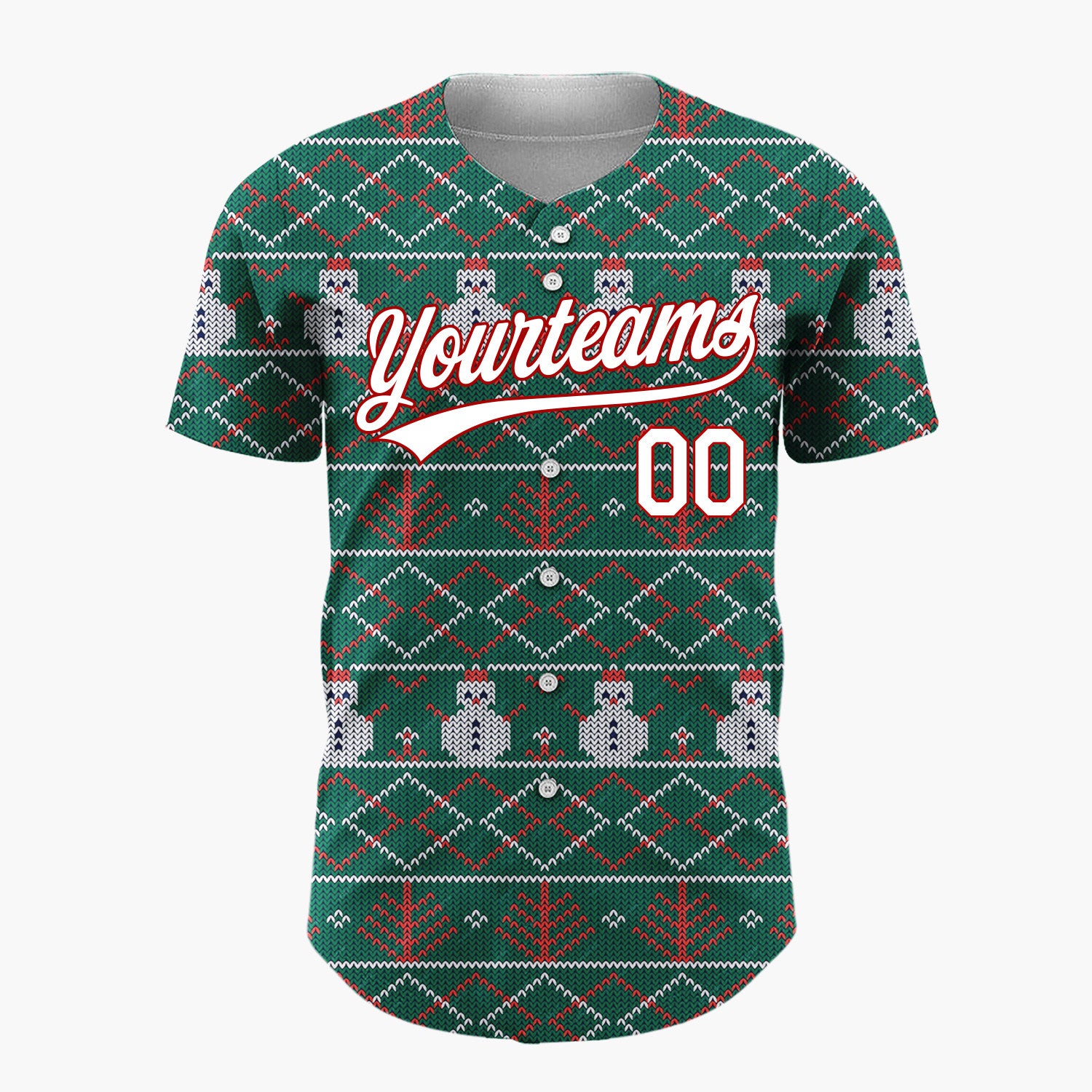 Custom Green Red Snowmen Trees And Diamonds Christmas Fair Isle Knit Pattern Christmas Baseball Jersey