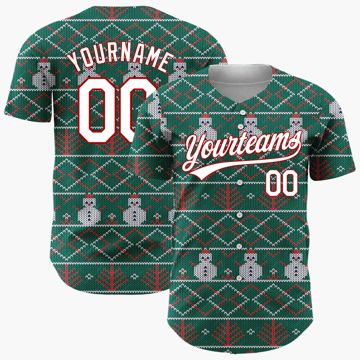 Custom Green Red Snowmen Trees And Diamonds Christmas Fair Isle Knit Pattern Christmas Baseball Jersey
