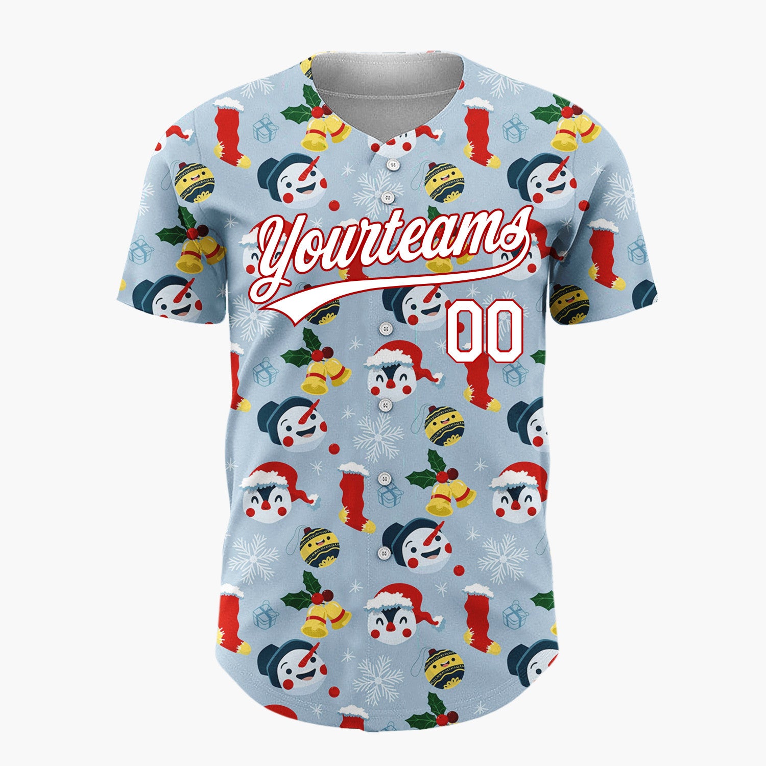 Custom Light Blue Red Yellow Snowmen Penguins And Stockings Cute Winter Pattern Christmas Baseball Jersey
