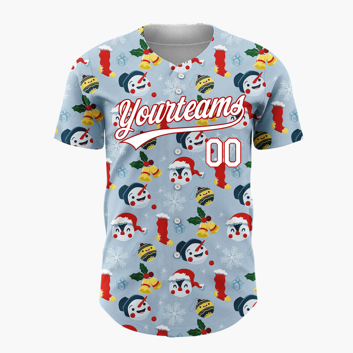 Custom Light Blue Red Yellow Snowmen Penguins And Stockings Cute Winter Pattern Christmas Baseball Jersey
