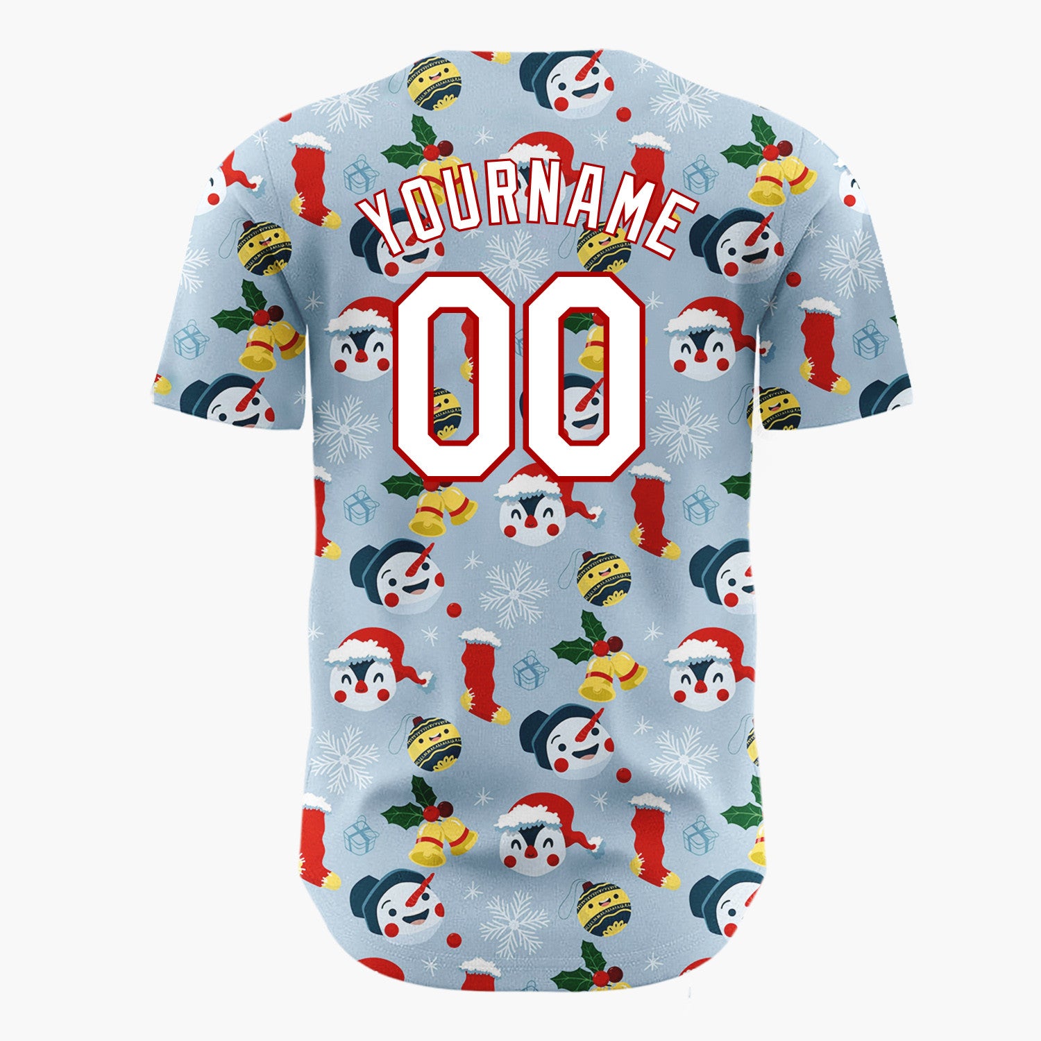 Custom Light Blue Red Yellow Snowmen Penguins And Stockings Cute Winter Pattern Christmas Baseball Jersey