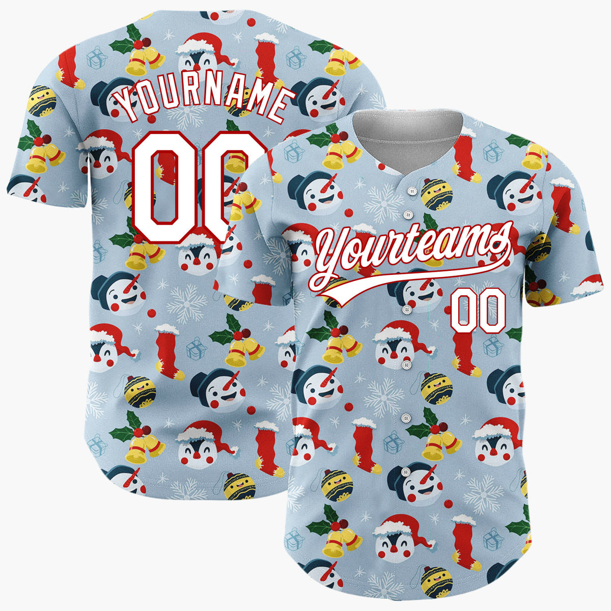 Custom Light Blue Red Yellow Snowmen Penguins And Stockings Cute Winter Pattern Christmas Baseball Jersey