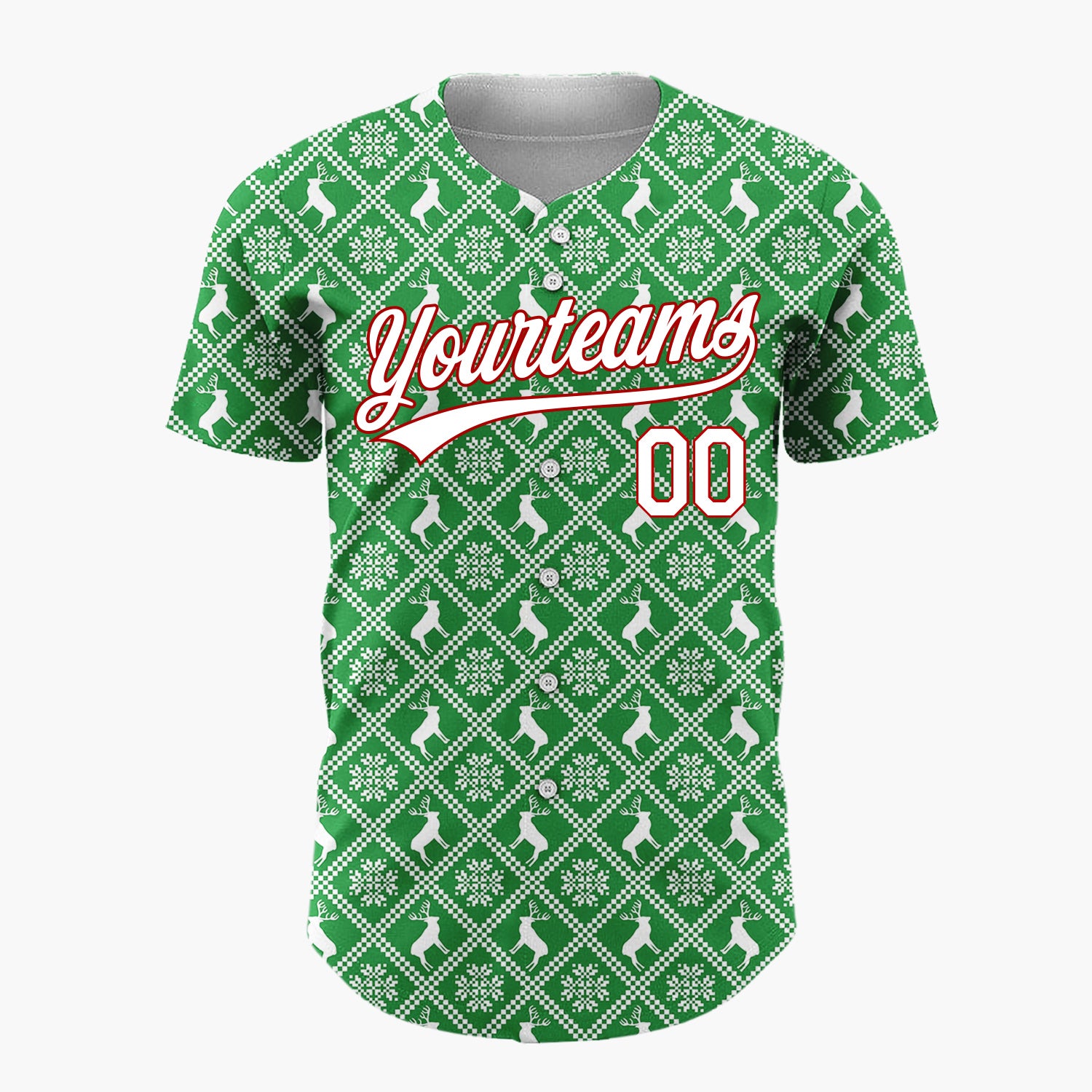 Custom Green Reindeer Geometric Square Nordic Fair Isle Pattern Christmas Baseball Jersey