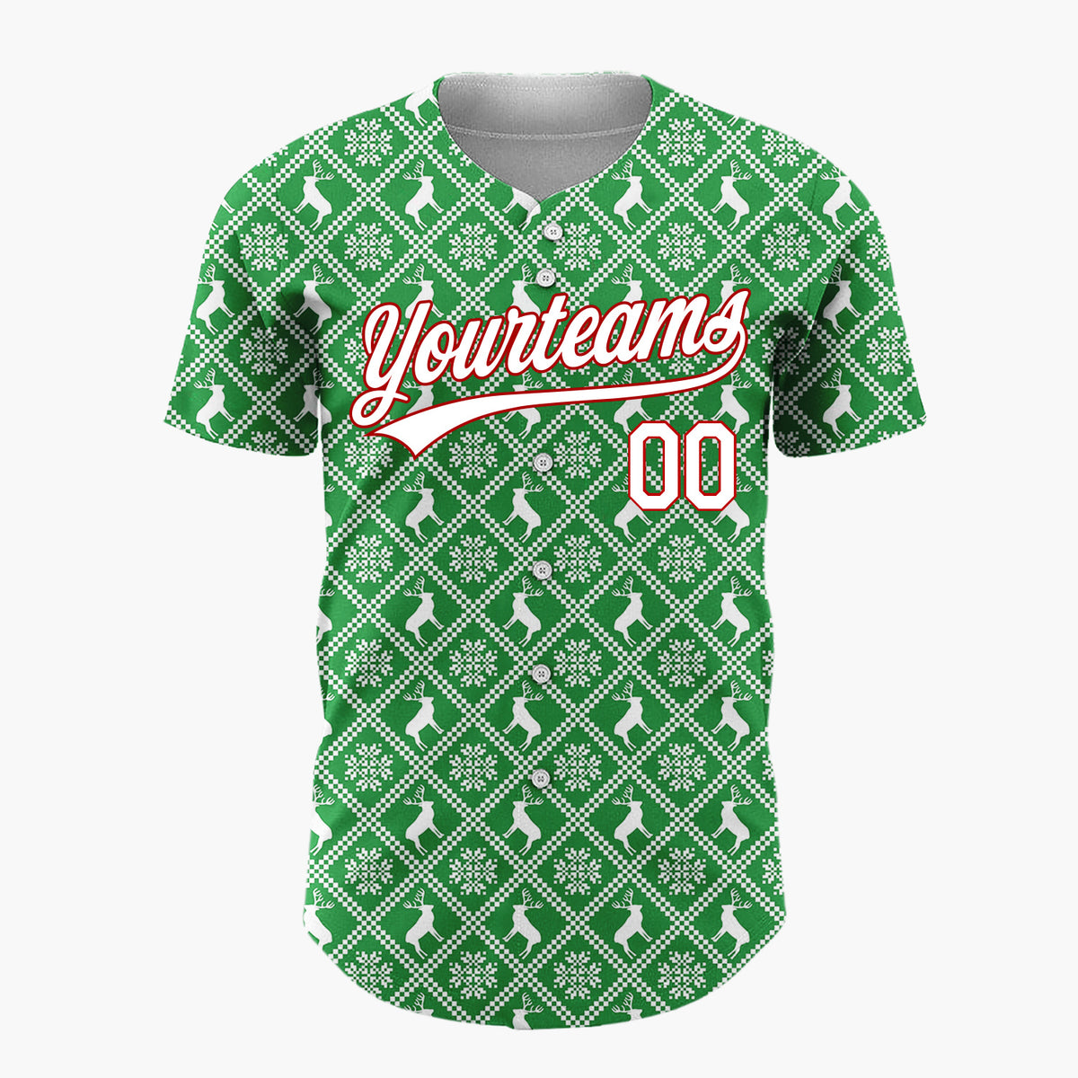 Custom Green Reindeer Geometric Square Nordic Fair Isle Pattern Christmas Baseball Jersey
