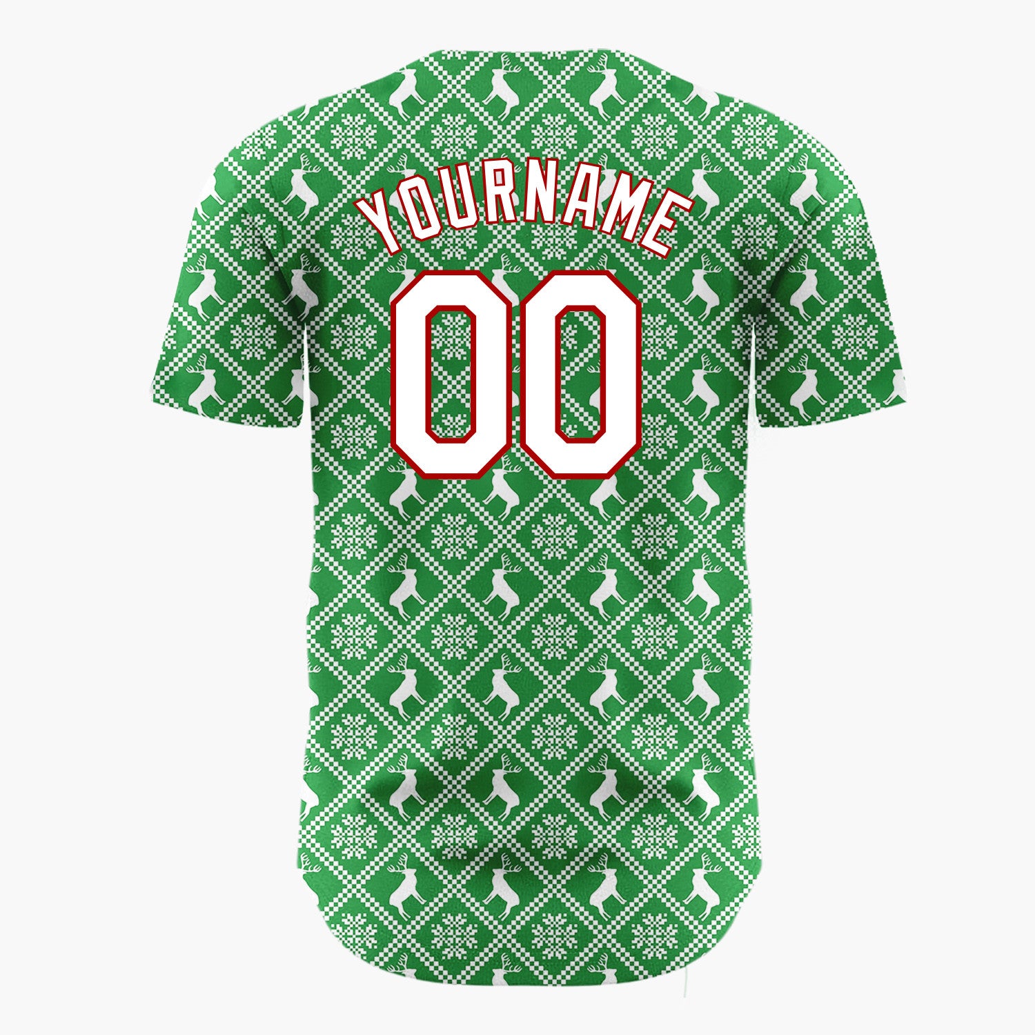 Custom Green Reindeer Geometric Square Nordic Fair Isle Pattern Christmas Baseball Jersey