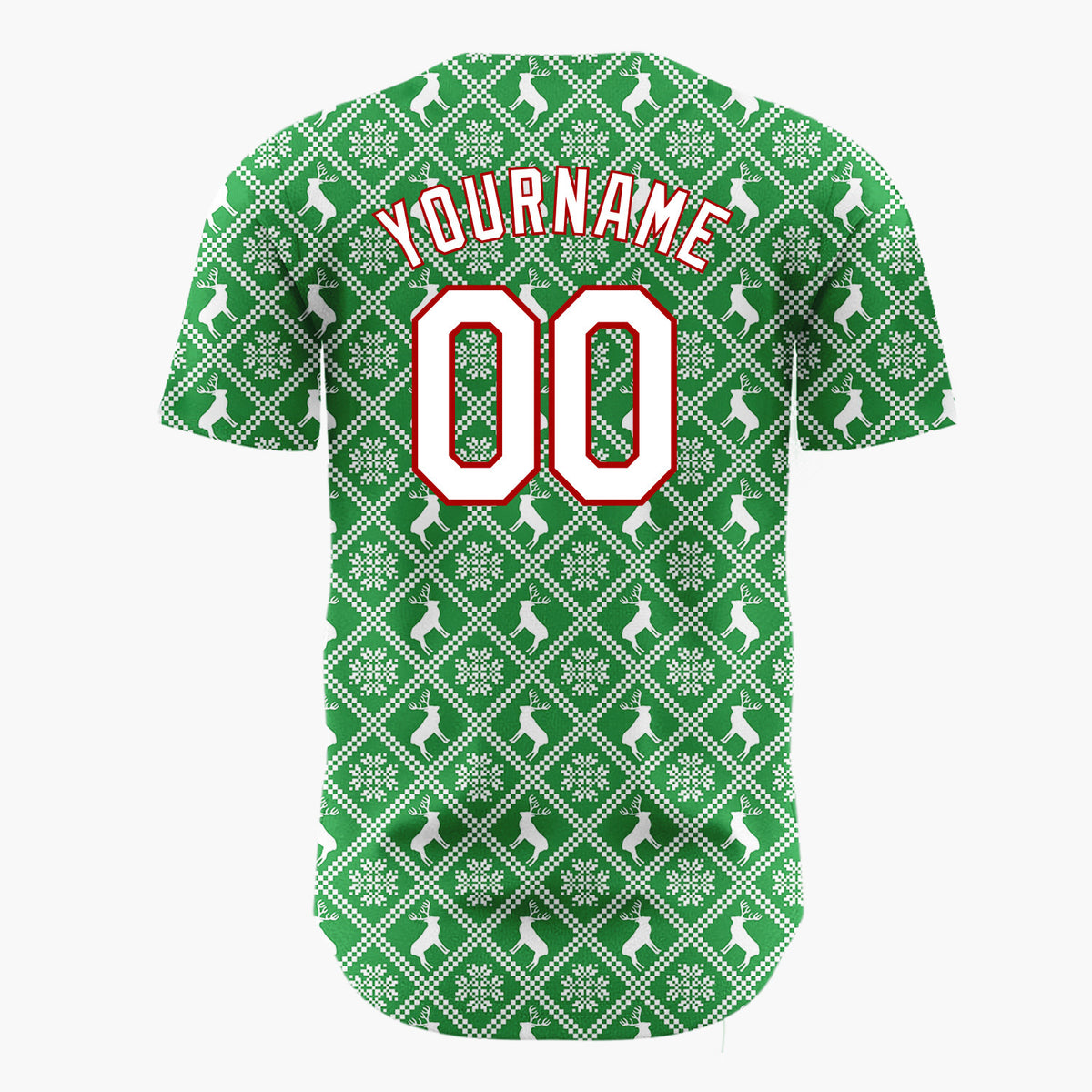 Custom Green Reindeer Geometric Square Nordic Fair Isle Pattern Christmas Baseball Jersey