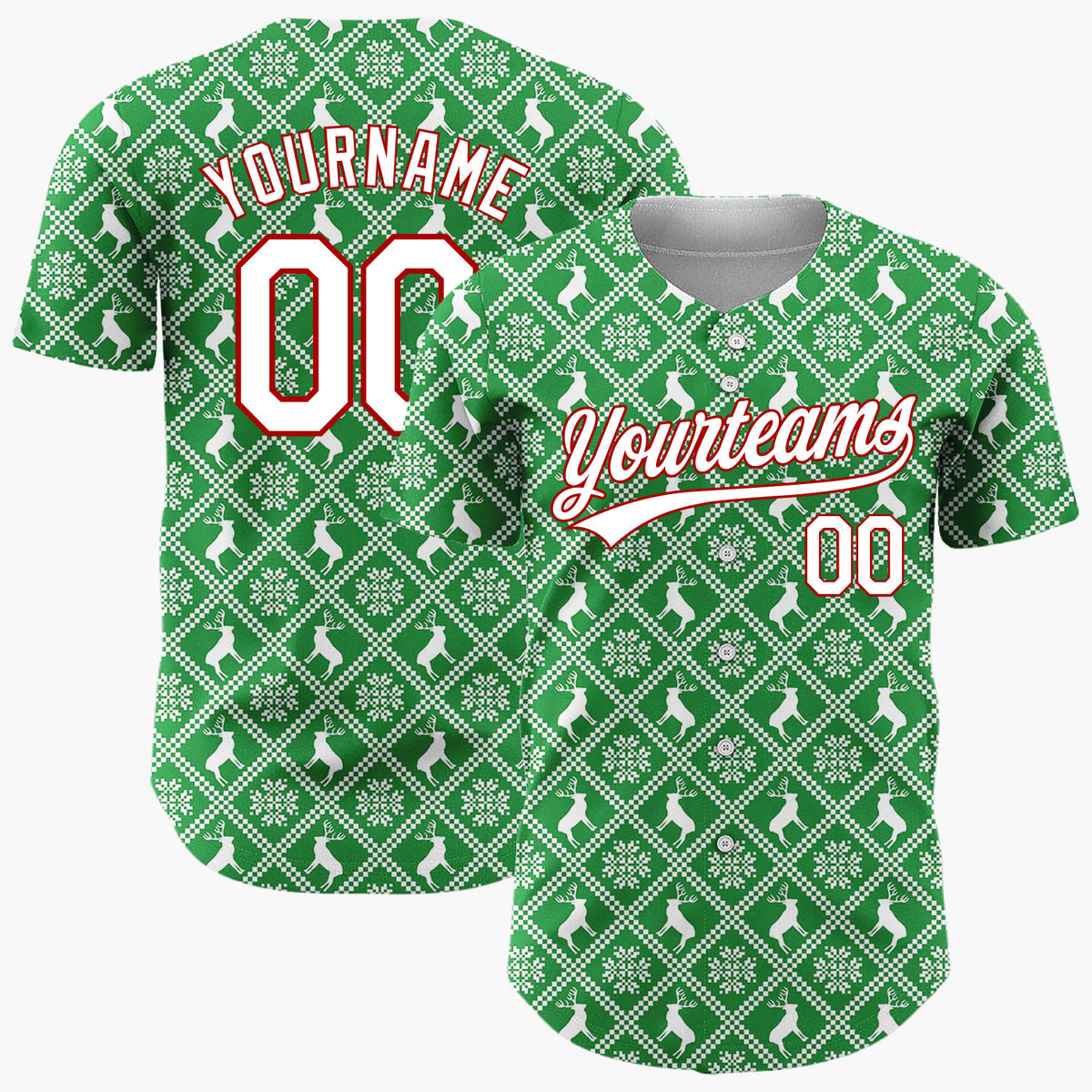 Custom Green Reindeer Geometric Square Nordic Fair Isle Pattern Christmas Baseball Jersey