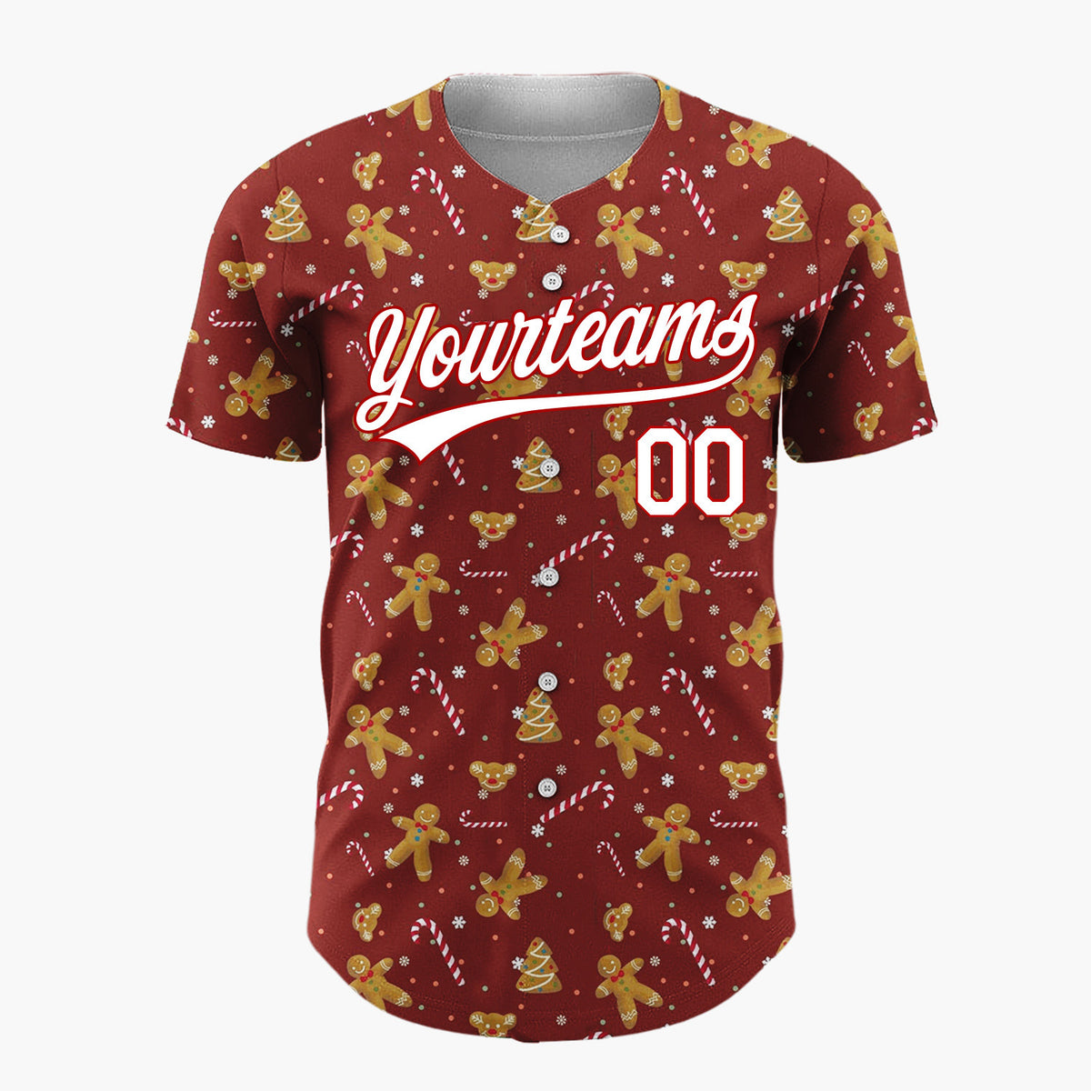Custom Dark Red Golden Gingerbread Cookie Candy Canes Minimalist Pattern Christmas Baseball Jersey