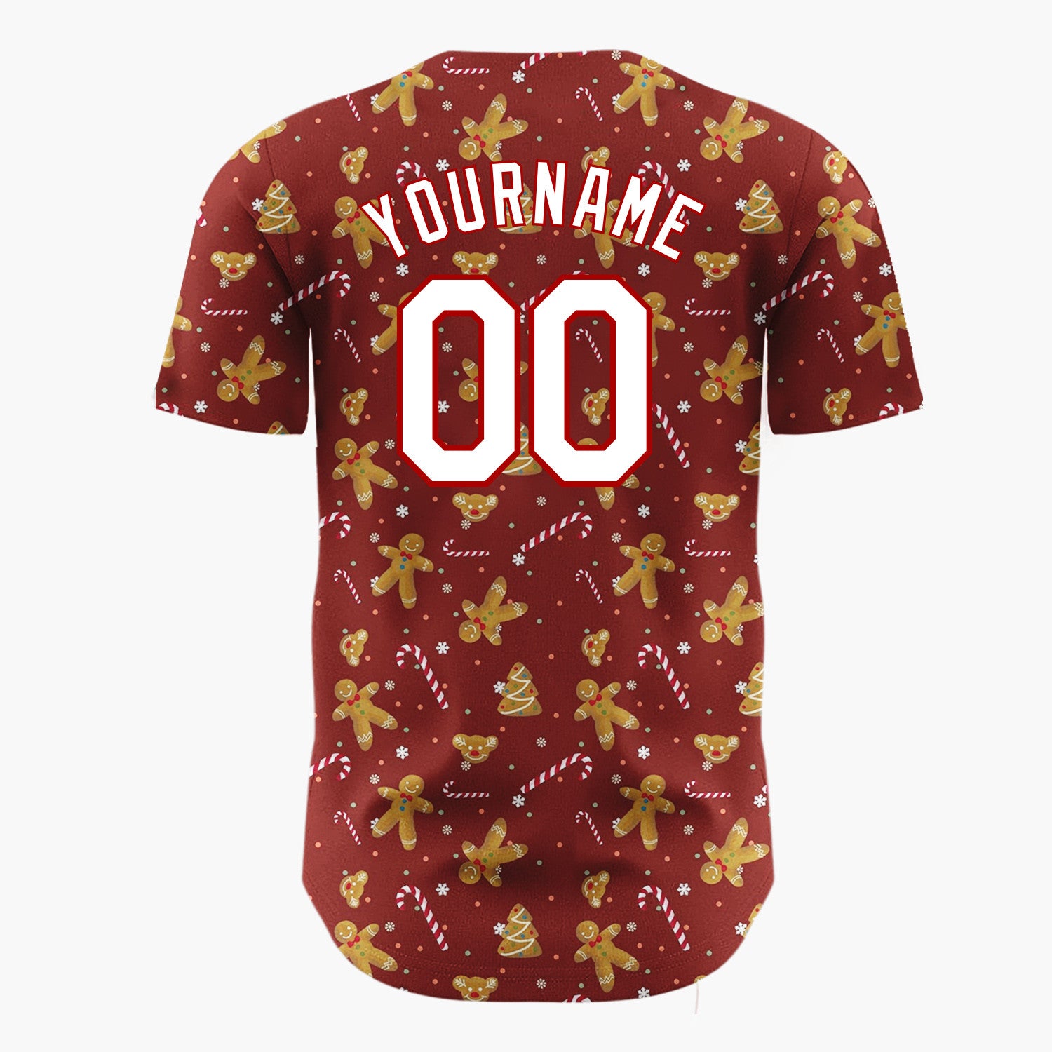 Custom Dark Red Golden Gingerbread Cookie Candy Canes Minimalist Pattern Christmas Baseball Jersey