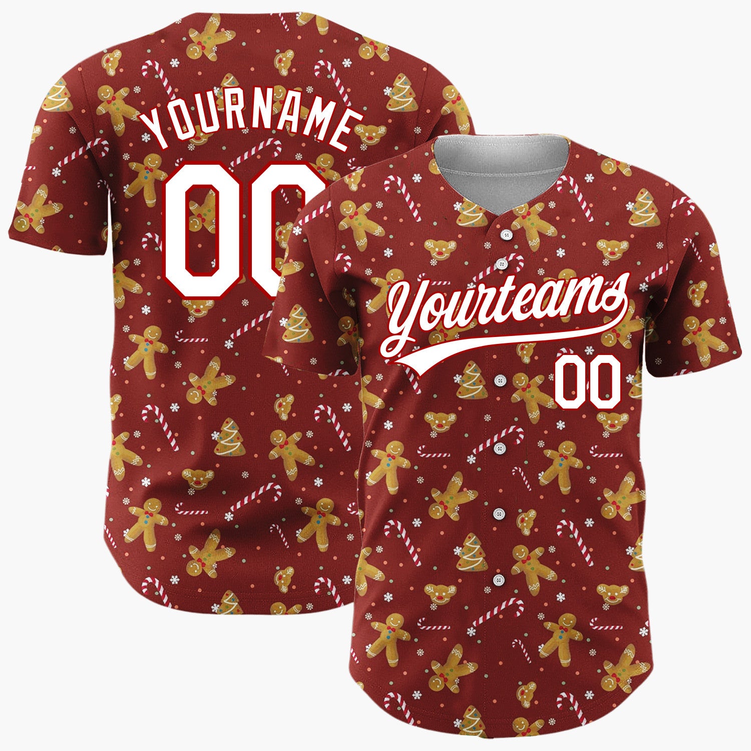 Custom Dark Red Golden Gingerbread Cookie Candy Canes Minimalist Pattern Christmas Baseball Jersey