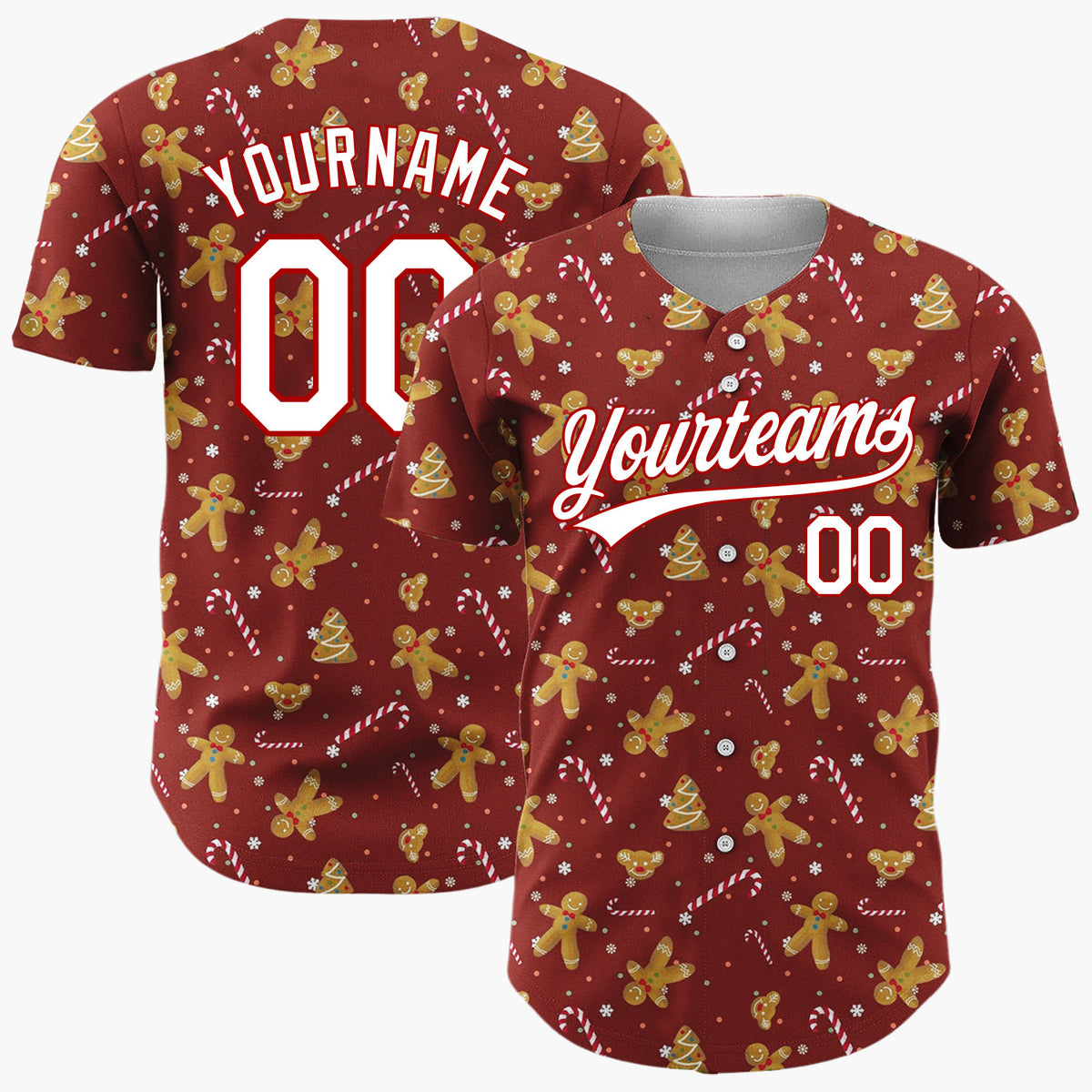 Custom Dark Red Golden Gingerbread Cookie Candy Canes Minimalist Pattern Christmas Baseball Jersey