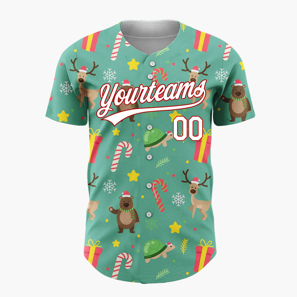 Custom Green Red Yellow Bears Deers And Gifts Cute Holiday Pattern Christmas Baseball Jersey