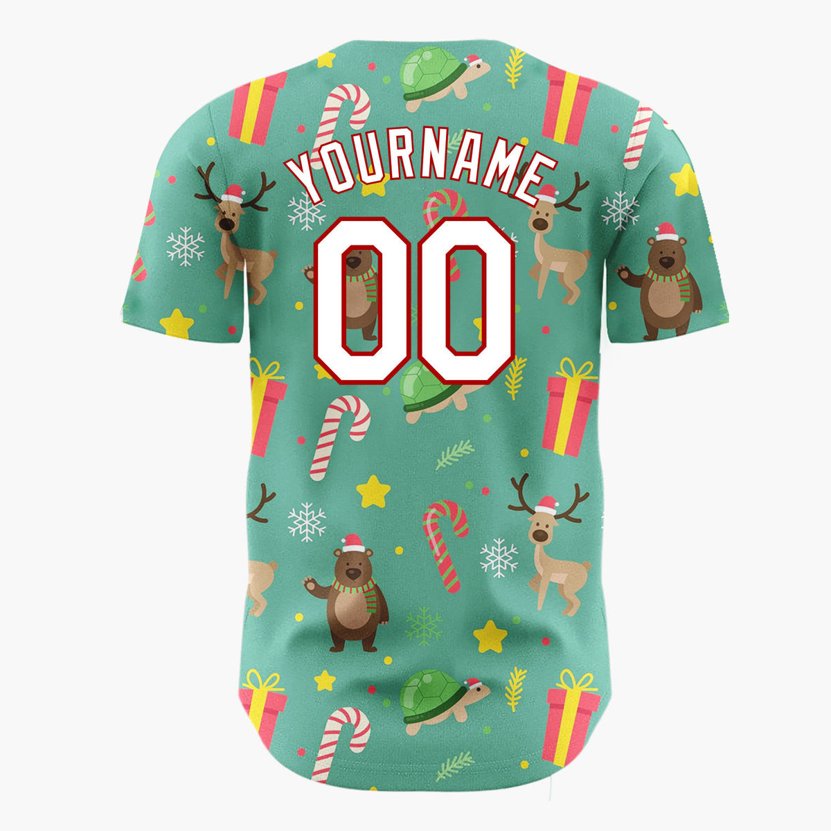 Custom Green Red Yellow Bears Deers And Gifts Cute Holiday Pattern Christmas Baseball Jersey