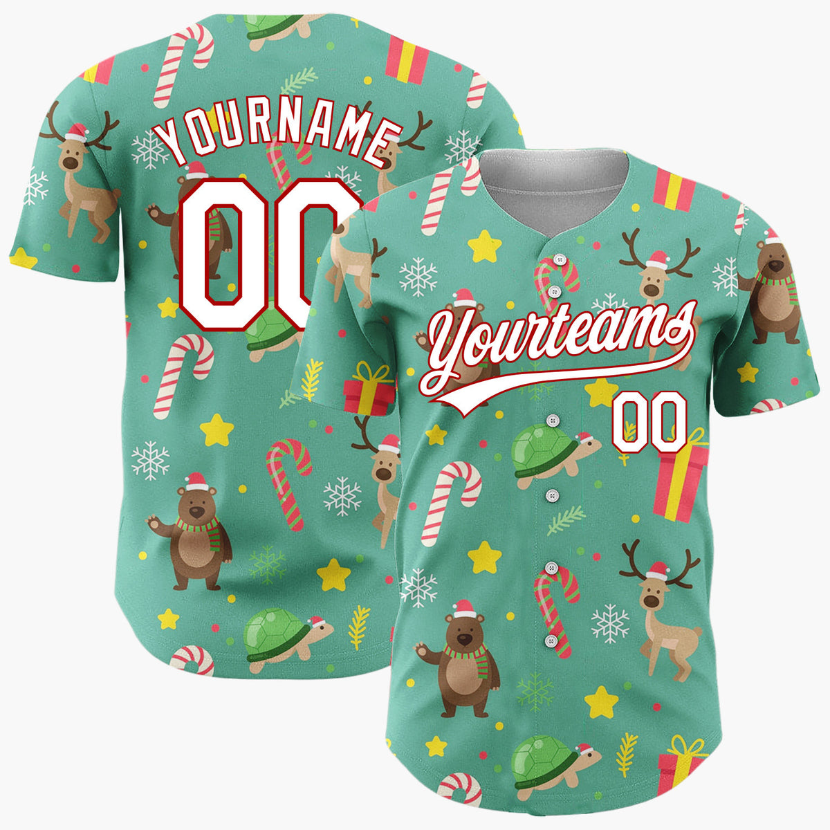 Custom Green Red Yellow Bears Deers And Gifts Cute Holiday Pattern Christmas Baseball Jersey