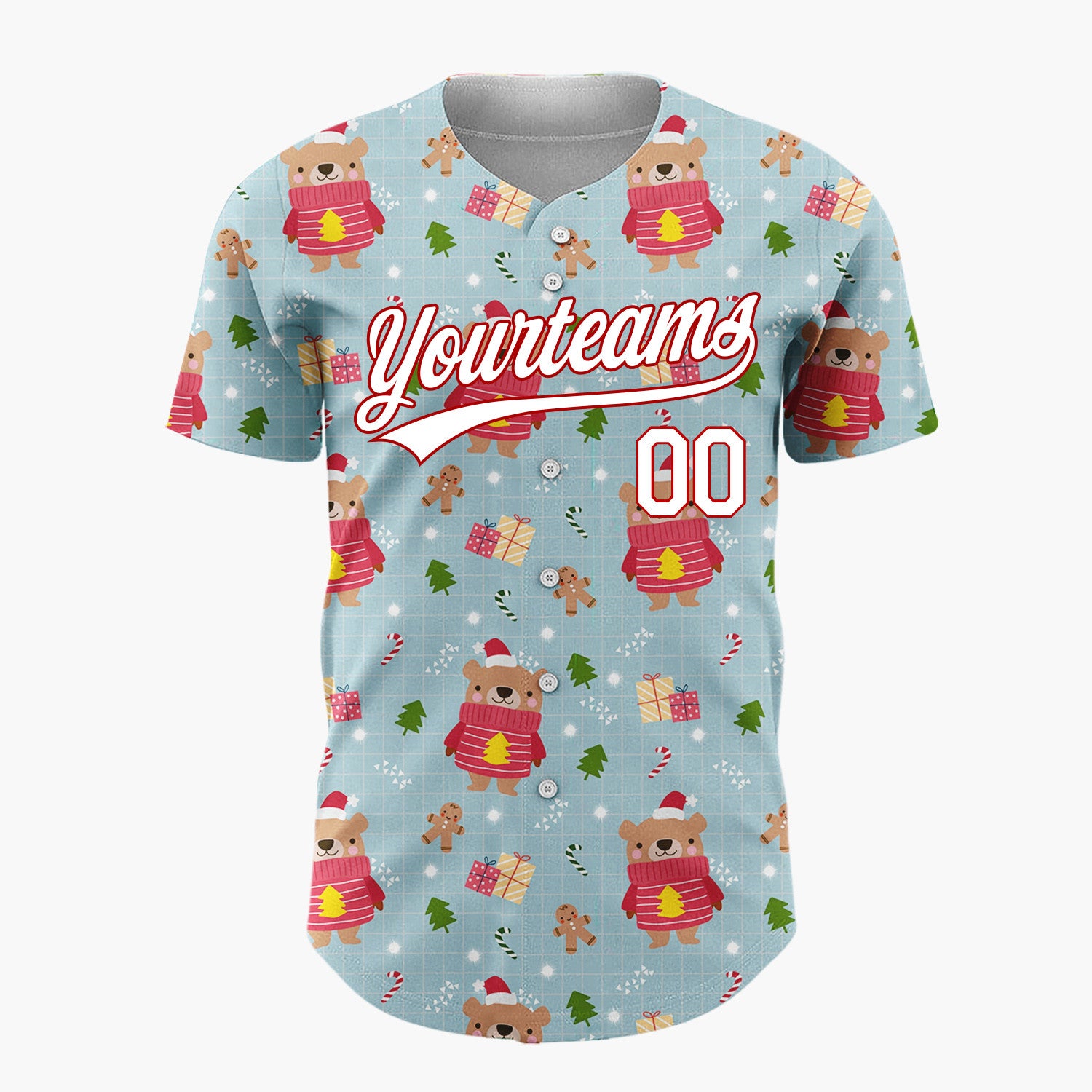 Custom Light Blue Bear Gingerbread And Tree Cartoon Christmas Baseball Jersey