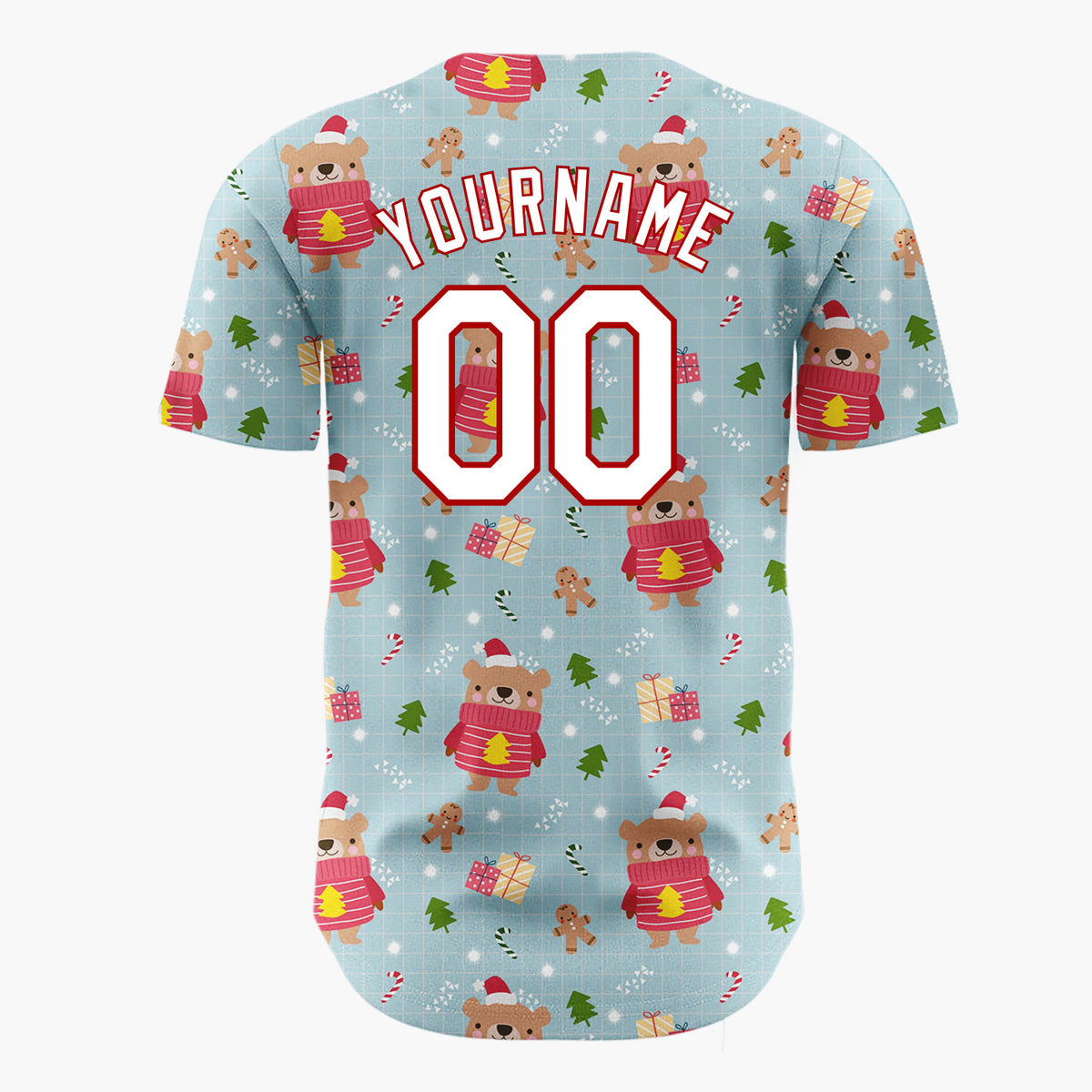 Custom Light Blue Bear Gingerbread And Tree Cartoon Christmas Baseball Jersey