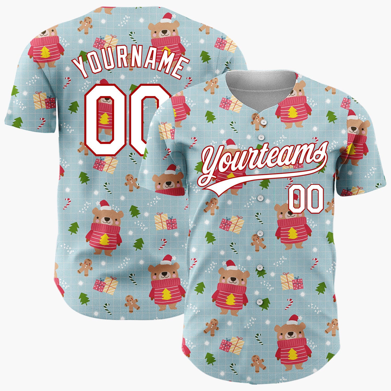 Custom Light Blue Bear Gingerbread And Tree Cartoon Christmas Baseball Jersey