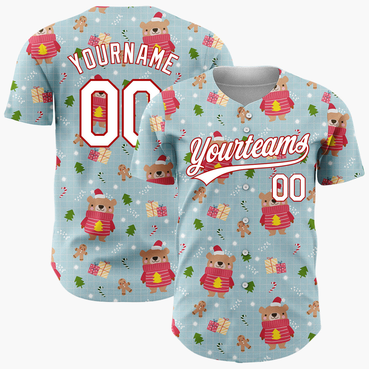 Custom Light Blue Bear Gingerbread And Tree Cartoon Christmas Baseball Jersey