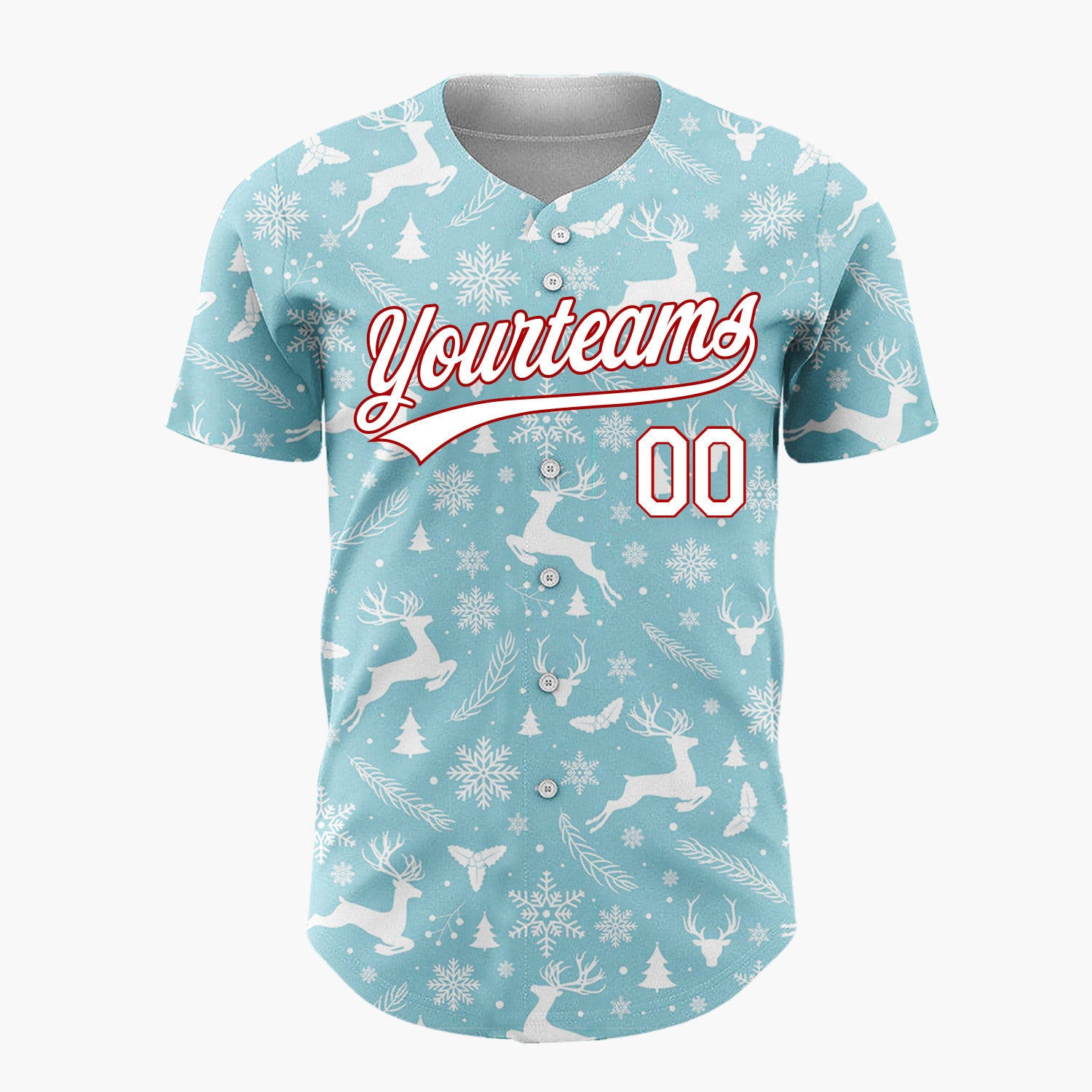 Custom Light Blue Reindeer Snowflakes Nordic Pattern Christmas Baseball Jersey