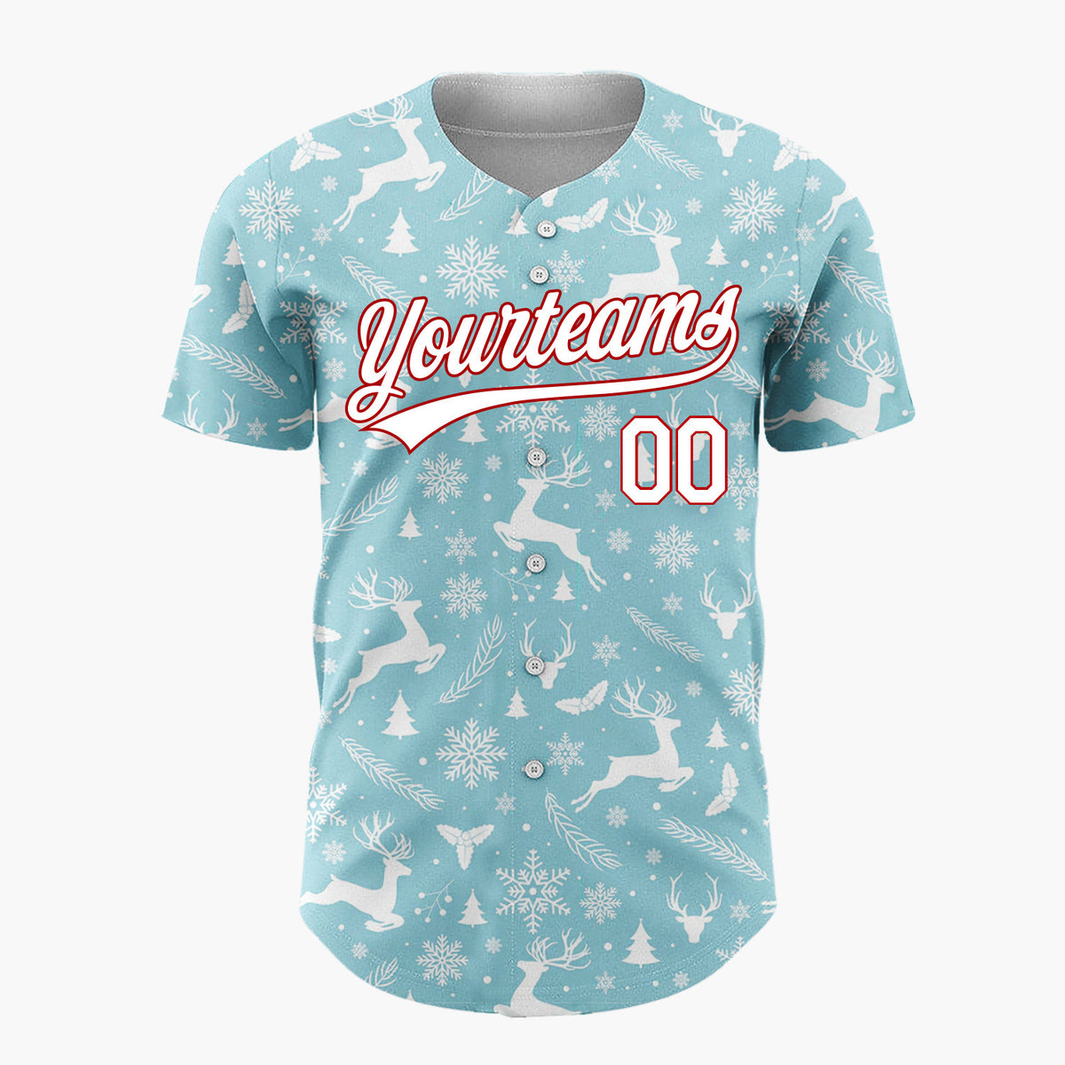 Custom Light Blue Reindeer Snowflakes Nordic Pattern Christmas Baseball Jersey