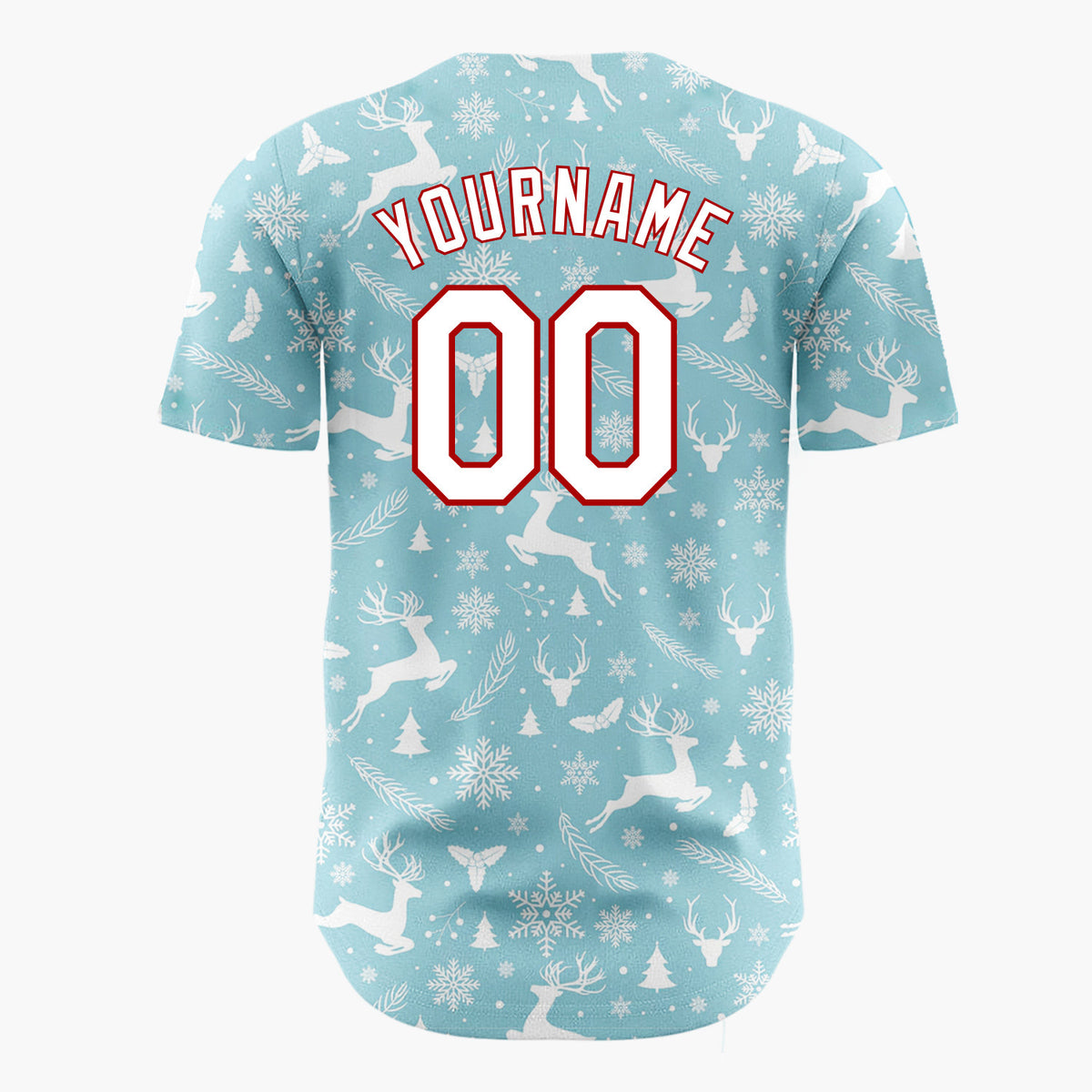 Custom Light Blue Reindeer Snowflakes Nordic Pattern Christmas Baseball Jersey