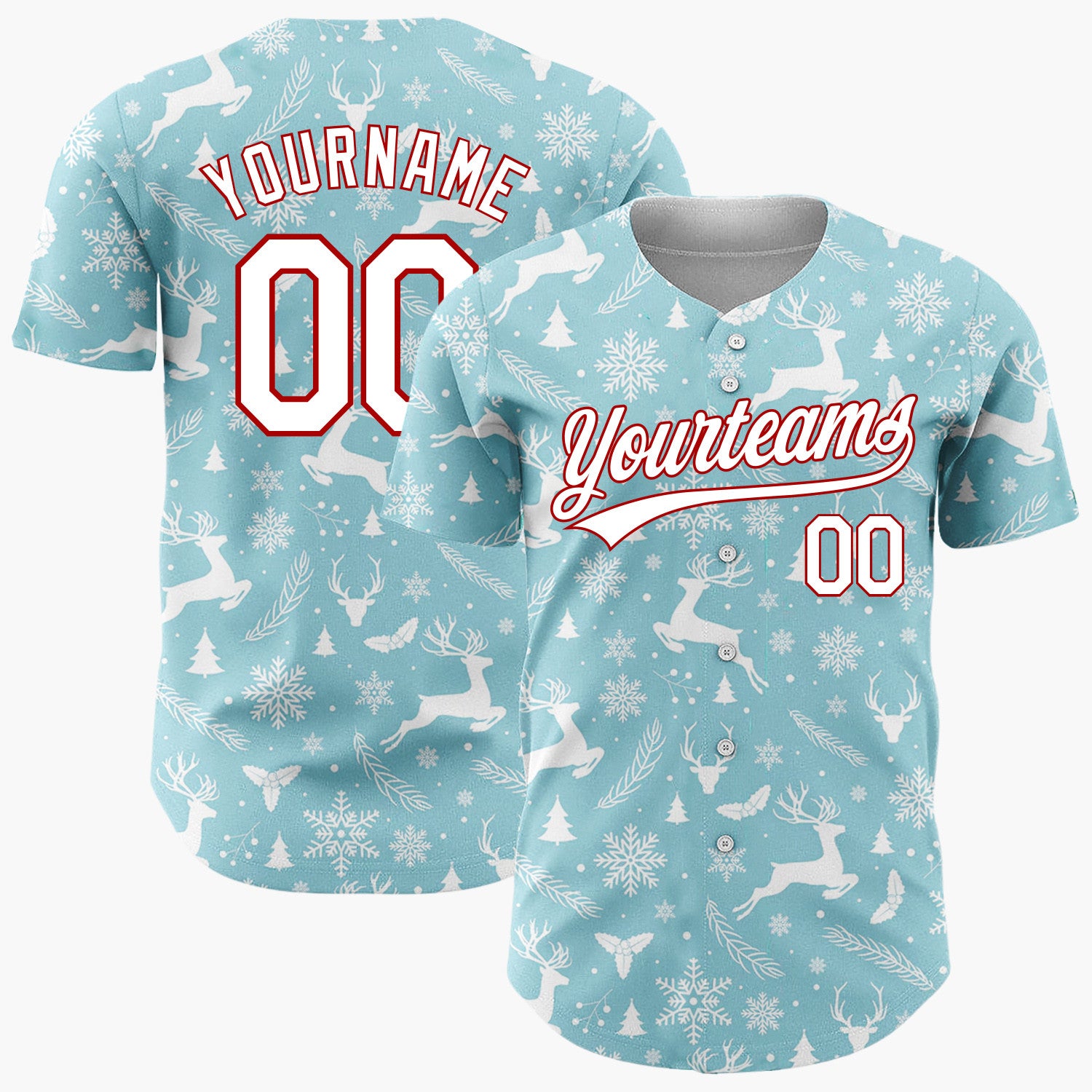 Custom Light Blue Reindeer Snowflakes Nordic Pattern Christmas Baseball Jersey