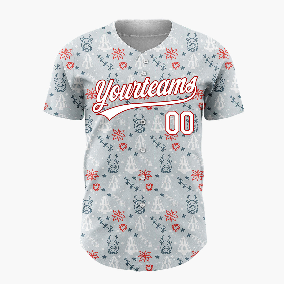 Custom Light Blue Reindeer Trees And Snowflakes Christmas Outline Doodle Pattern Christmas Baseball Jersey