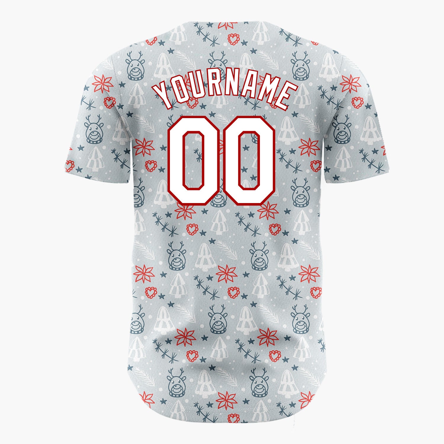 Custom Light Blue Reindeer Trees And Snowflakes Christmas Outline Doodle Pattern Christmas Baseball Jersey