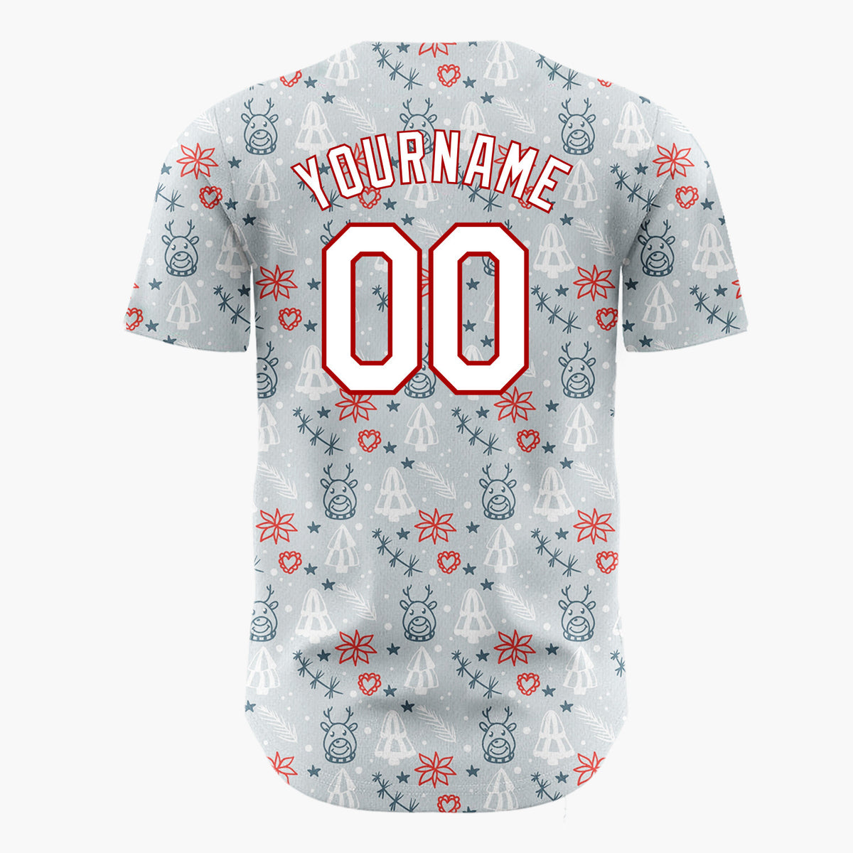 Custom Light Blue Reindeer Trees And Snowflakes Christmas Outline Doodle Pattern Christmas Baseball Jersey