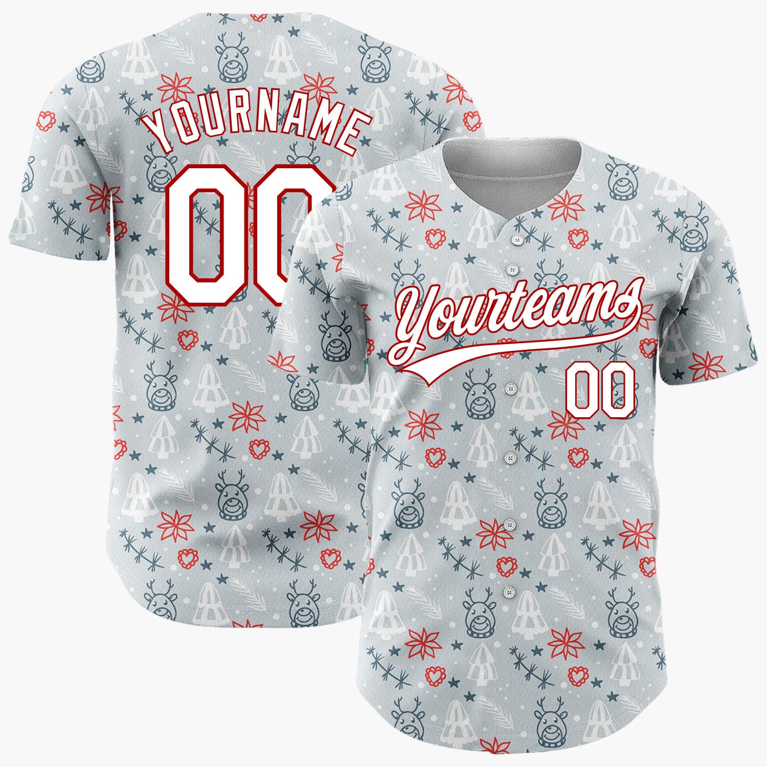 Custom Light Blue Reindeer Trees And Snowflakes Christmas Outline Doodle Pattern Christmas Baseball Jersey