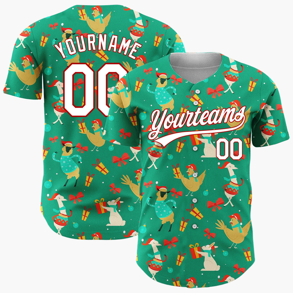 Custom Green Red Llamar Chicken Funny Dancing Animal Christmas Baseball Jersey
