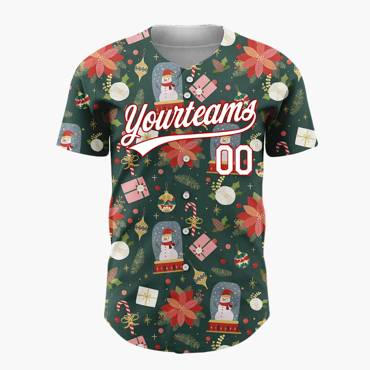 Custom Dark Green Winter Wonderland Cartoon Pattern Christmas Baseball Jersey