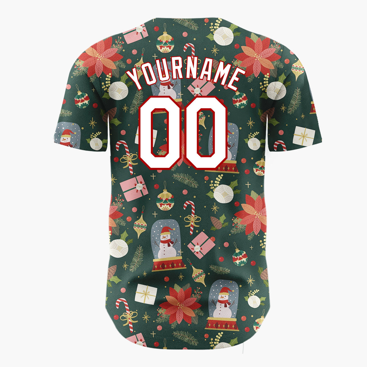 Custom Dark Green Winter Wonderland Cartoon Pattern Christmas Baseball Jersey